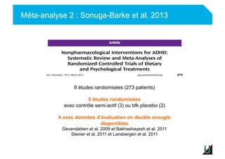 Méta-analyse 2 : Sonuga-Barke et al. 2013
Adulte
8 études randomisées (273 patients)
5 études randomisées
avec contrôle semi-actif (3) ou bfk placebo (2)
4 avec données d’évaluation en double aveugle
disponibles
Gevensleben et al. 2009 et Bakhashayesh et al. 2011
Steiner et al. 2011 et Lansbergen et al. 2011
 
