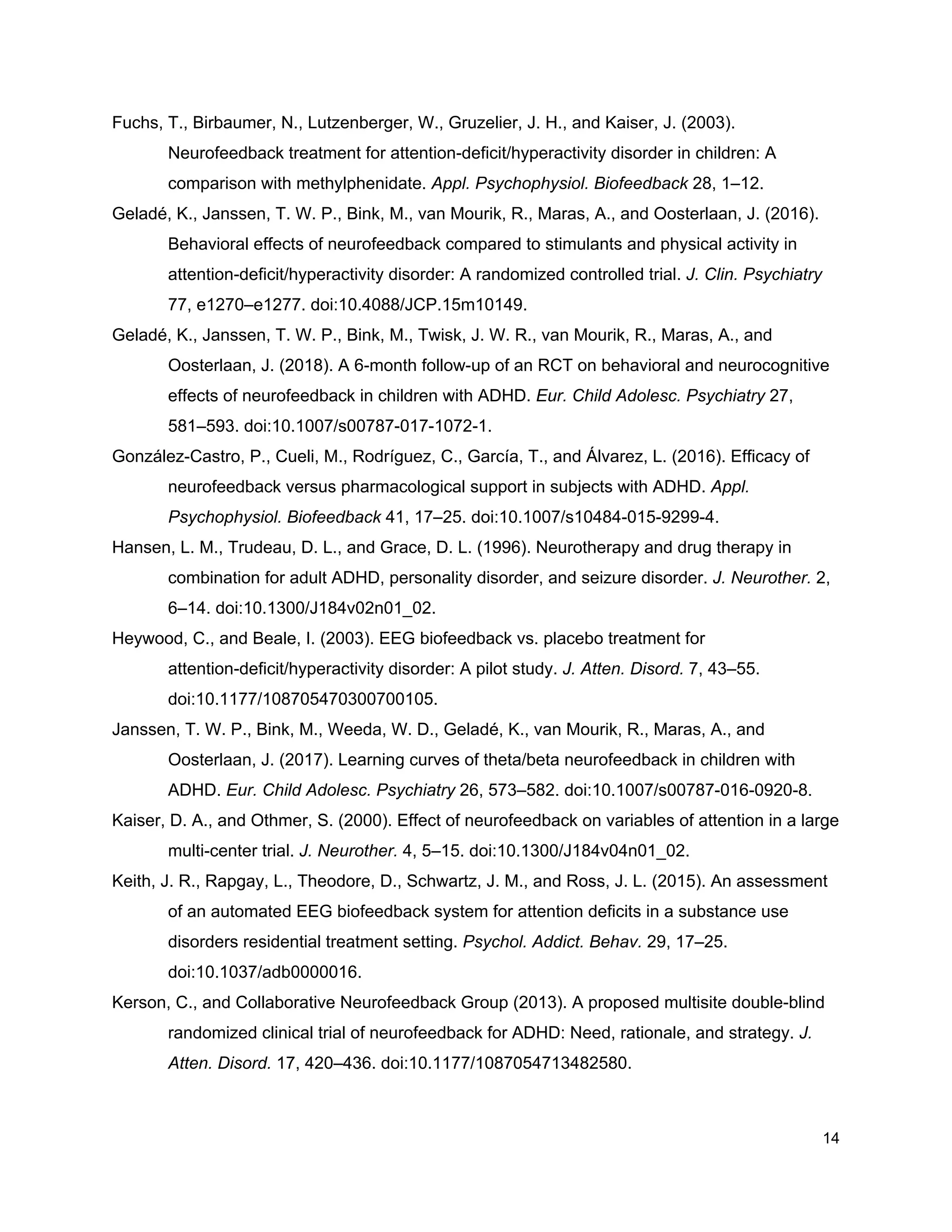 Fuchs, T., Birbaumer, N., Lutzenberger, W., Gruzelier, J. H., and Kaiser, J. (2003).
Neurofeedback treatment for attention-deficit/hyperactivity disorder in children: A
comparison with methylphenidate. ​Appl. Psychophysiol. Biofeedback​ 28, 1–12.
Geladé, K., Janssen, T. W. P., Bink, M., van Mourik, R., Maras, A., and Oosterlaan, J. (2016).
Behavioral effects of neurofeedback compared to stimulants and physical activity in
attention-deficit/hyperactivity disorder: A randomized controlled trial. ​J. Clin. Psychiatry
77, e1270–e1277. doi:10.4088/JCP.15m10149.
Geladé, K., Janssen, T. W. P., Bink, M., Twisk, J. W. R., van Mourik, R., Maras, A., and
Oosterlaan, J. (2018). A 6-month follow-up of an RCT on behavioral and neurocognitive
effects of neurofeedback in children with ADHD. ​Eur. Child Adolesc. Psychiatry​ 27,
581–593. doi:10.1007/s00787-017-1072-1.
González-Castro, P., Cueli, M., Rodríguez, C., García, T., and Álvarez, L. (2016). Efficacy of
neurofeedback versus pharmacological support in subjects with ADHD. ​Appl.
Psychophysiol. Biofeedback​ 41, 17–25. doi:10.1007/s10484-015-9299-4.
Hansen, L. M., Trudeau, D. L., and Grace, D. L. (1996). Neurotherapy and drug therapy in
combination for adult ADHD, personality disorder, and seizure disorder. ​J. Neurother.​ 2,
6–14. doi:10.1300/J184v02n01_02.
Heywood, C., and Beale, I. (2003). EEG biofeedback vs. placebo treatment for
attention-deficit/hyperactivity disorder: A pilot study. ​J. Atten. Disord.​ 7, 43–55.
doi:10.1177/108705470300700105.
Janssen, T. W. P., Bink, M., Weeda, W. D., Geladé, K., van Mourik, R., Maras, A., and
Oosterlaan, J. (2017). Learning curves of theta/beta neurofeedback in children with
ADHD. ​Eur. Child Adolesc. Psychiatry​ 26, 573–582. doi:10.1007/s00787-016-0920-8.
Kaiser, D. A., and Othmer, S. (2000). Effect of neurofeedback on variables of attention in a large
multi-center trial. ​J. Neurother.​ 4, 5–15. doi:10.1300/J184v04n01_02.
Keith, J. R., Rapgay, L., Theodore, D., Schwartz, J. M., and Ross, J. L. (2015). An assessment
of an automated EEG biofeedback system for attention deficits in a substance use
disorders residential treatment setting. ​Psychol. Addict. Behav.​ 29, 17–25.
doi:10.1037/adb0000016.
Kerson, C., and Collaborative Neurofeedback Group (2013). A proposed multisite double-blind
randomized clinical trial of neurofeedback for ADHD: Need, rationale, and strategy. ​J.
Atten. Disord.​ 17, 420–436. doi:10.1177/1087054713482580.
14
 