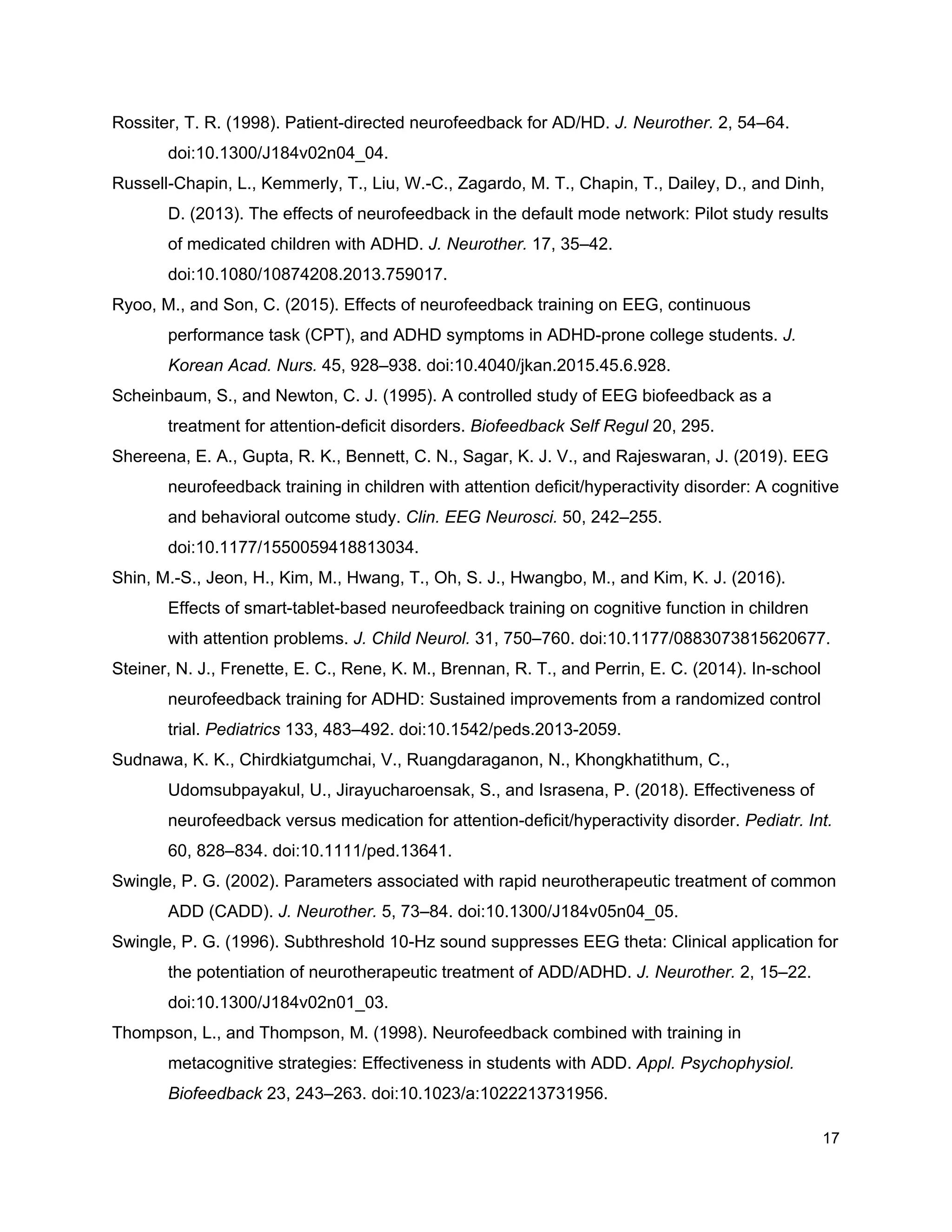 Rossiter, T. R. (1998). Patient-directed neurofeedback for AD/HD. ​J. Neurother.​ 2, 54–64.
doi:10.1300/J184v02n04_04.
Russell-Chapin, L., Kemmerly, T., Liu, W.-C., Zagardo, M. T., Chapin, T., Dailey, D., and Dinh,
D. (2013). The effects of neurofeedback in the default mode network: Pilot study results
of medicated children with ADHD. ​J. Neurother.​ 17, 35–42.
doi:10.1080/10874208.2013.759017.
Ryoo, M., and Son, C. (2015). Effects of neurofeedback training on EEG, continuous
performance task (CPT), and ADHD symptoms in ADHD-prone college students. ​J.
Korean Acad. Nurs.​ 45, 928–938. doi:10.4040/jkan.2015.45.6.928.
Scheinbaum, S., and Newton, C. J. (1995). A controlled study of EEG biofeedback as a
treatment for attention-deficit disorders. ​Biofeedback Self Regul​ 20, 295.
Shereena, E. A., Gupta, R. K., Bennett, C. N., Sagar, K. J. V., and Rajeswaran, J. (2019). EEG
neurofeedback training in children with attention deficit/hyperactivity disorder: A cognitive
and behavioral outcome study. ​Clin. EEG Neurosci.​ 50, 242–255.
doi:10.1177/1550059418813034.
Shin, M.-S., Jeon, H., Kim, M., Hwang, T., Oh, S. J., Hwangbo, M., and Kim, K. J. (2016).
Effects of smart-tablet-based neurofeedback training on cognitive function in children
with attention problems. ​J. Child Neurol.​ 31, 750–760. doi:10.1177/0883073815620677.
Steiner, N. J., Frenette, E. C., Rene, K. M., Brennan, R. T., and Perrin, E. C. (2014). In-school
neurofeedback training for ADHD: Sustained improvements from a randomized control
trial. ​Pediatrics​ 133, 483–492. doi:10.1542/peds.2013-2059.
Sudnawa, K. K., Chirdkiatgumchai, V., Ruangdaraganon, N., Khongkhatithum, C.,
Udomsubpayakul, U., Jirayucharoensak, S., and Israsena, P. (2018). Effectiveness of
neurofeedback versus medication for attention-deficit/hyperactivity disorder. ​Pediatr. Int.
60, 828–834. doi:10.1111/ped.13641.
Swingle, P. G. (2002). Parameters associated with rapid neurotherapeutic treatment of common
ADD (CADD). ​J. Neurother.​ 5, 73–84. doi:10.1300/J184v05n04_05.
Swingle, P. G. (1996). Subthreshold 10-Hz sound suppresses EEG theta: Clinical application for
the potentiation of neurotherapeutic treatment of ADD/ADHD. ​J. Neurother.​ 2, 15–22.
doi:10.1300/J184v02n01_03.
Thompson, L., and Thompson, M. (1998). Neurofeedback combined with training in
metacognitive strategies: Effectiveness in students with ADD. ​Appl. Psychophysiol.
Biofeedback​ 23, 243–263. doi:10.1023/a:1022213731956.
17
 