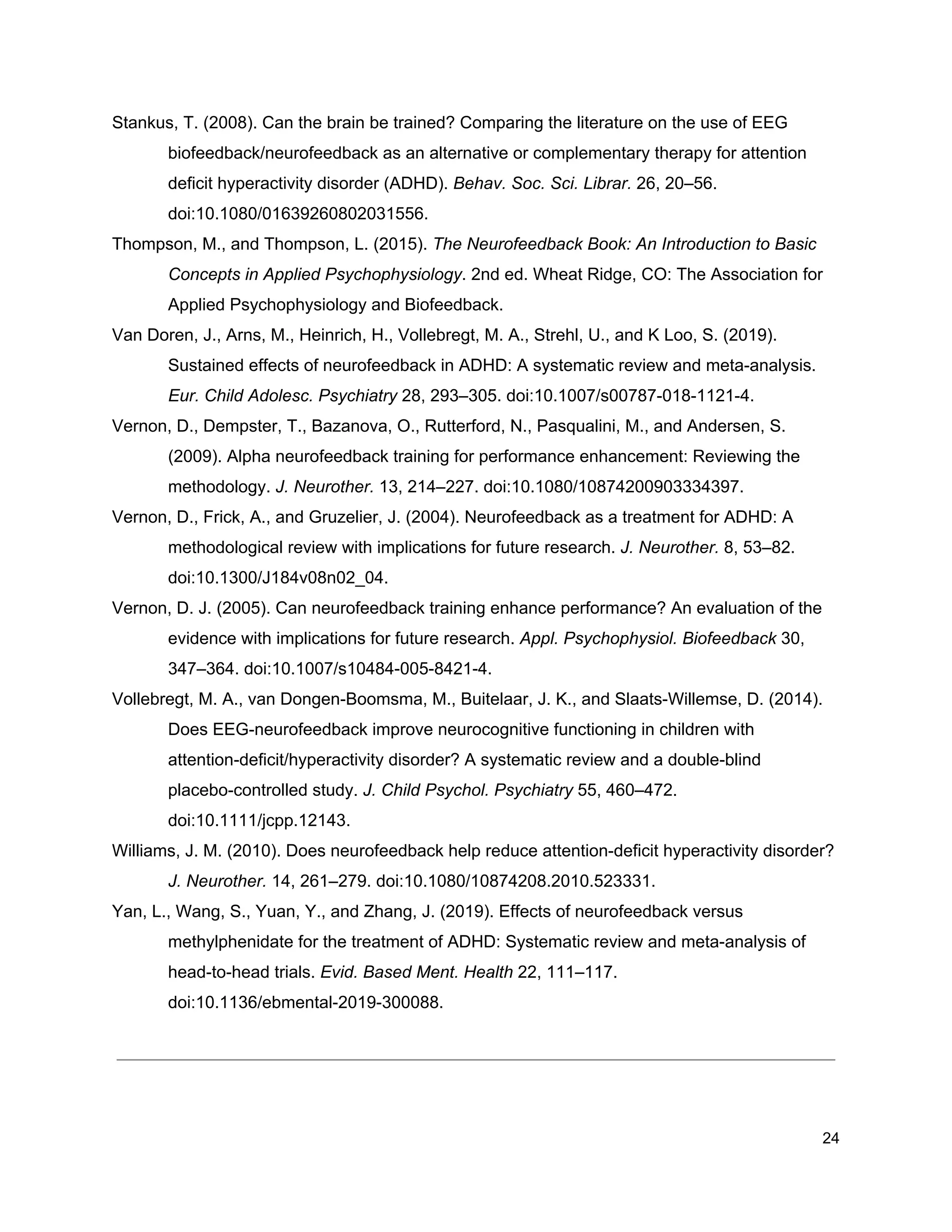 Stankus, T. (2008). Can the brain be trained? Comparing the literature on the use of EEG
biofeedback/neurofeedback as an alternative or complementary therapy for attention
deficit hyperactivity disorder (ADHD). ​Behav. Soc. Sci. Librar.​ 26, 20–56.
doi:10.1080/01639260802031556.
Thompson, M., and Thompson, L. (2015). ​The Neurofeedback Book: An Introduction to Basic
Concepts in Applied Psychophysiology​. 2nd ed. Wheat Ridge, CO: The Association for
Applied Psychophysiology and Biofeedback.
Van Doren, J., Arns, M., Heinrich, H., Vollebregt, M. A., Strehl, U., and K Loo, S. (2019).
Sustained effects of neurofeedback in ADHD: A systematic review and meta-analysis.
Eur. Child Adolesc. Psychiatry​ 28, 293–305. doi:10.1007/s00787-018-1121-4.
Vernon, D., Dempster, T., Bazanova, O., Rutterford, N., Pasqualini, M., and Andersen, S.
(2009). Alpha neurofeedback training for performance enhancement: Reviewing the
methodology. ​J. Neurother.​ 13, 214–227. doi:10.1080/10874200903334397.
Vernon, D., Frick, A., and Gruzelier, J. (2004). Neurofeedback as a treatment for ADHD: A
methodological review with implications for future research. ​J. Neurother.​ 8, 53–82.
doi:10.1300/J184v08n02_04.
Vernon, D. J. (2005). Can neurofeedback training enhance performance? An evaluation of the
evidence with implications for future research. ​Appl. Psychophysiol. Biofeedback​ 30,
347–364. doi:10.1007/s10484-005-8421-4.
Vollebregt, M. A., van Dongen-Boomsma, M., Buitelaar, J. K., and Slaats-Willemse, D. (2014).
Does EEG-neurofeedback improve neurocognitive functioning in children with
attention-deficit/hyperactivity disorder? A systematic review and a double-blind
placebo-controlled study. ​J. Child Psychol. Psychiatry​ 55, 460–472.
doi:10.1111/jcpp.12143.
Williams, J. M. (2010). Does neurofeedback help reduce attention-deficit hyperactivity disorder?
J. Neurother.​ 14, 261–279. doi:10.1080/10874208.2010.523331.
Yan, L., Wang, S., Yuan, Y., and Zhang, J. (2019). Effects of neurofeedback versus
methylphenidate for the treatment of ADHD: Systematic review and meta-analysis of
head-to-head trials. ​Evid. Based Ment. Health​ 22, 111–117.
doi:10.1136/ebmental-2019-300088.
24
 