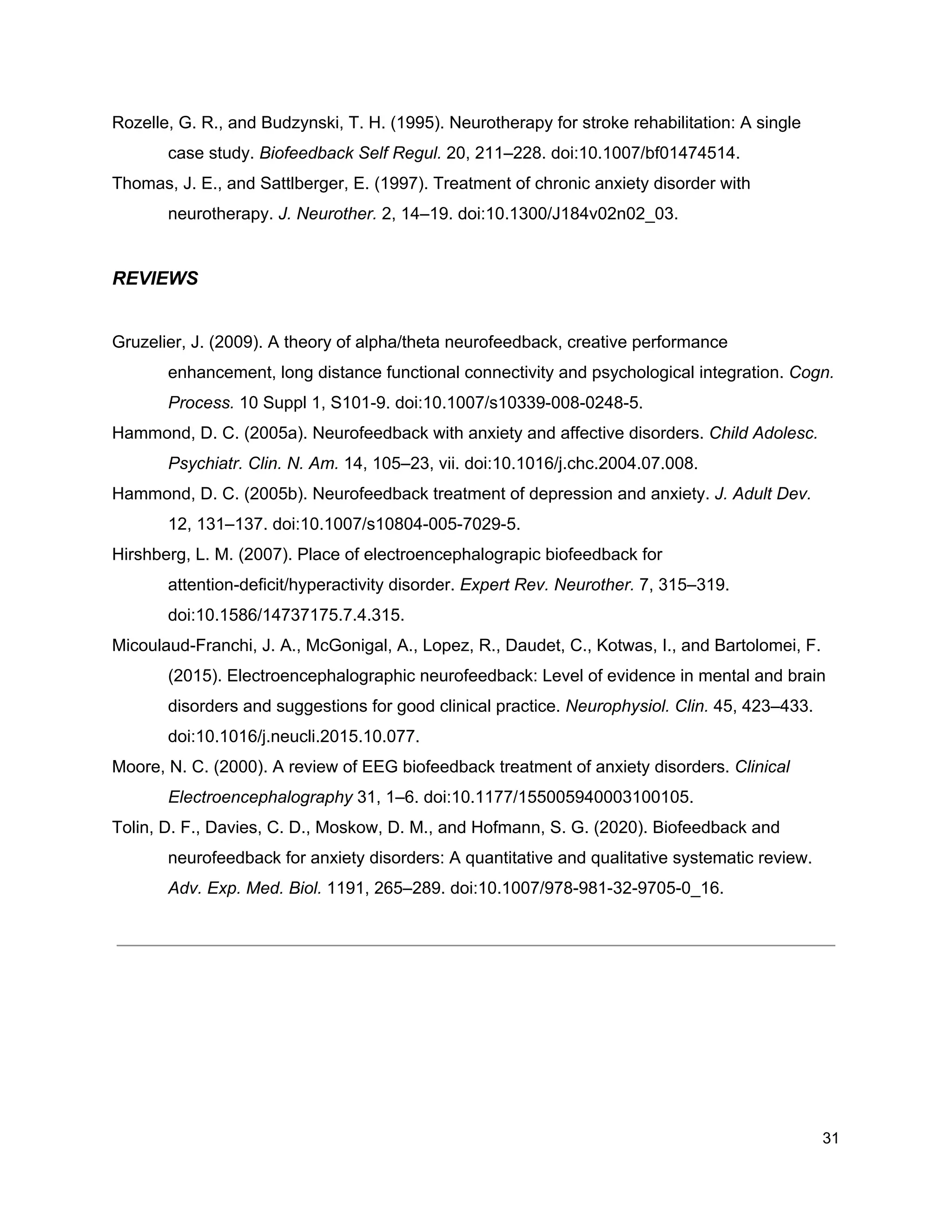 Rozelle, G. R., and Budzynski, T. H. (1995). Neurotherapy for stroke rehabilitation: A single
case study. ​Biofeedback Self Regul.​ 20, 211–228. doi:10.1007/bf01474514.
Thomas, J. E., and Sattlberger, E. (1997). Treatment of chronic anxiety disorder with
neurotherapy. ​J. Neurother.​ 2, 14–19. doi:10.1300/J184v02n02_03.
REVIEWS
Gruzelier, J. (2009). A theory of alpha/theta neurofeedback, creative performance
enhancement, long distance functional connectivity and psychological integration. ​Cogn.
Process.​ 10 Suppl 1, S101-9. doi:10.1007/s10339-008-0248-5.
Hammond, D. C. (2005a). Neurofeedback with anxiety and affective disorders. ​Child Adolesc.
Psychiatr. Clin. N. Am.​ 14, 105–23, vii. doi:10.1016/j.chc.2004.07.008.
Hammond, D. C. (2005b). Neurofeedback treatment of depression and anxiety. ​J. Adult Dev.
12, 131–137. doi:10.1007/s10804-005-7029-5.
Hirshberg, L. M. (2007). Place of electroencephalograpic biofeedback for
attention-deficit/hyperactivity disorder. ​Expert Rev. Neurother.​ 7, 315–319.
doi:10.1586/14737175.7.4.315.
Micoulaud-Franchi, J. A., McGonigal, A., Lopez, R., Daudet, C., Kotwas, I., and Bartolomei, F.
(2015). Electroencephalographic neurofeedback: Level of evidence in mental and brain
disorders and suggestions for good clinical practice. ​Neurophysiol. Clin.​ 45, 423–433.
doi:10.1016/j.neucli.2015.10.077.
Moore, N. C. (2000). A review of EEG biofeedback treatment of anxiety disorders. ​Clinical
Electroencephalography​ 31, 1–6. doi:10.1177/155005940003100105.
Tolin, D. F., Davies, C. D., Moskow, D. M., and Hofmann, S. G. (2020). Biofeedback and
neurofeedback for anxiety disorders: A quantitative and qualitative systematic review.
Adv. Exp. Med. Biol.​ 1191, 265–289. doi:10.1007/978-981-32-9705-0_16.
31
 