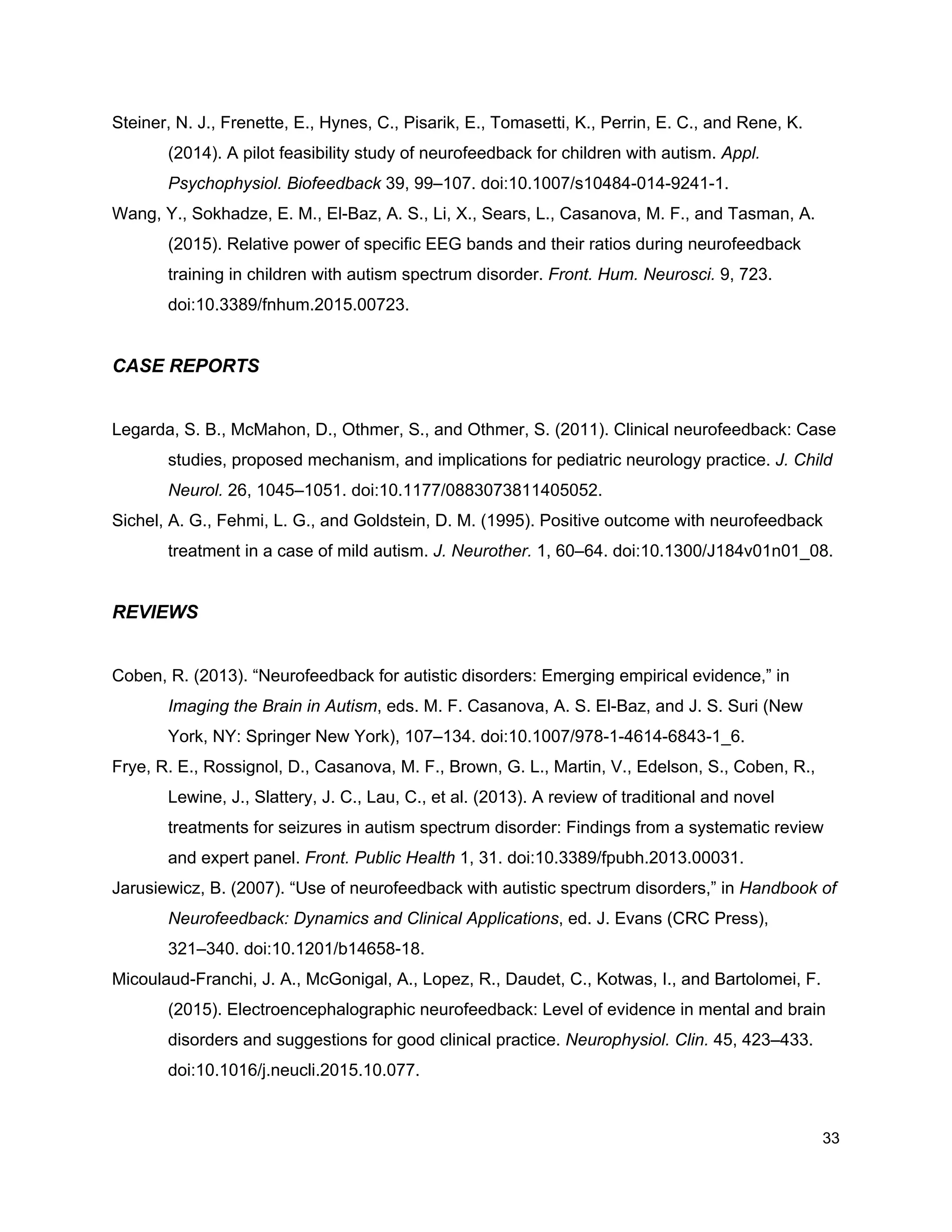 Steiner, N. J., Frenette, E., Hynes, C., Pisarik, E., Tomasetti, K., Perrin, E. C., and Rene, K.
(2014). A pilot feasibility study of neurofeedback for children with autism. ​Appl.
Psychophysiol. Biofeedback​ 39, 99–107. doi:10.1007/s10484-014-9241-1.
Wang, Y., Sokhadze, E. M., El-Baz, A. S., Li, X., Sears, L., Casanova, M. F., and Tasman, A.
(2015). Relative power of specific EEG bands and their ratios during neurofeedback
training in children with autism spectrum disorder. ​Front. Hum. Neurosci.​ 9, 723.
doi:10.3389/fnhum.2015.00723.
CASE REPORTS
Legarda, S. B., McMahon, D., Othmer, S., and Othmer, S. (2011). Clinical neurofeedback: Case
studies, proposed mechanism, and implications for pediatric neurology practice. ​J. Child
Neurol.​ 26, 1045–1051. doi:10.1177/0883073811405052.
Sichel, A. G., Fehmi, L. G., and Goldstein, D. M. (1995). Positive outcome with neurofeedback
treatment in a case of mild autism. ​J. Neurother.​ 1, 60–64. doi:10.1300/J184v01n01_08.
REVIEWS
Coben, R. (2013). “Neurofeedback for autistic disorders: Emerging empirical evidence,” in
Imaging the Brain in Autism​, eds. M. F. Casanova, A. S. El-Baz, and J. S. Suri (New
York, NY: Springer New York), 107–134. doi:10.1007/978-1-4614-6843-1_6.
Frye, R. E., Rossignol, D., Casanova, M. F., Brown, G. L., Martin, V., Edelson, S., Coben, R.,
Lewine, J., Slattery, J. C., Lau, C., et al. (2013). A review of traditional and novel
treatments for seizures in autism spectrum disorder: Findings from a systematic review
and expert panel. ​Front. Public Health​ 1, 31. doi:10.3389/fpubh.2013.00031.
Jarusiewicz, B. (2007). “Use of neurofeedback with autistic spectrum disorders,” in ​Handbook of
Neurofeedback: Dynamics and Clinical Applications​, ed. J. Evans (CRC Press),
321–340. doi:10.1201/b14658-18.
Micoulaud-Franchi, J. A., McGonigal, A., Lopez, R., Daudet, C., Kotwas, I., and Bartolomei, F.
(2015). Electroencephalographic neurofeedback: Level of evidence in mental and brain
disorders and suggestions for good clinical practice. ​Neurophysiol. Clin.​ 45, 423–433.
doi:10.1016/j.neucli.2015.10.077.
33
 
