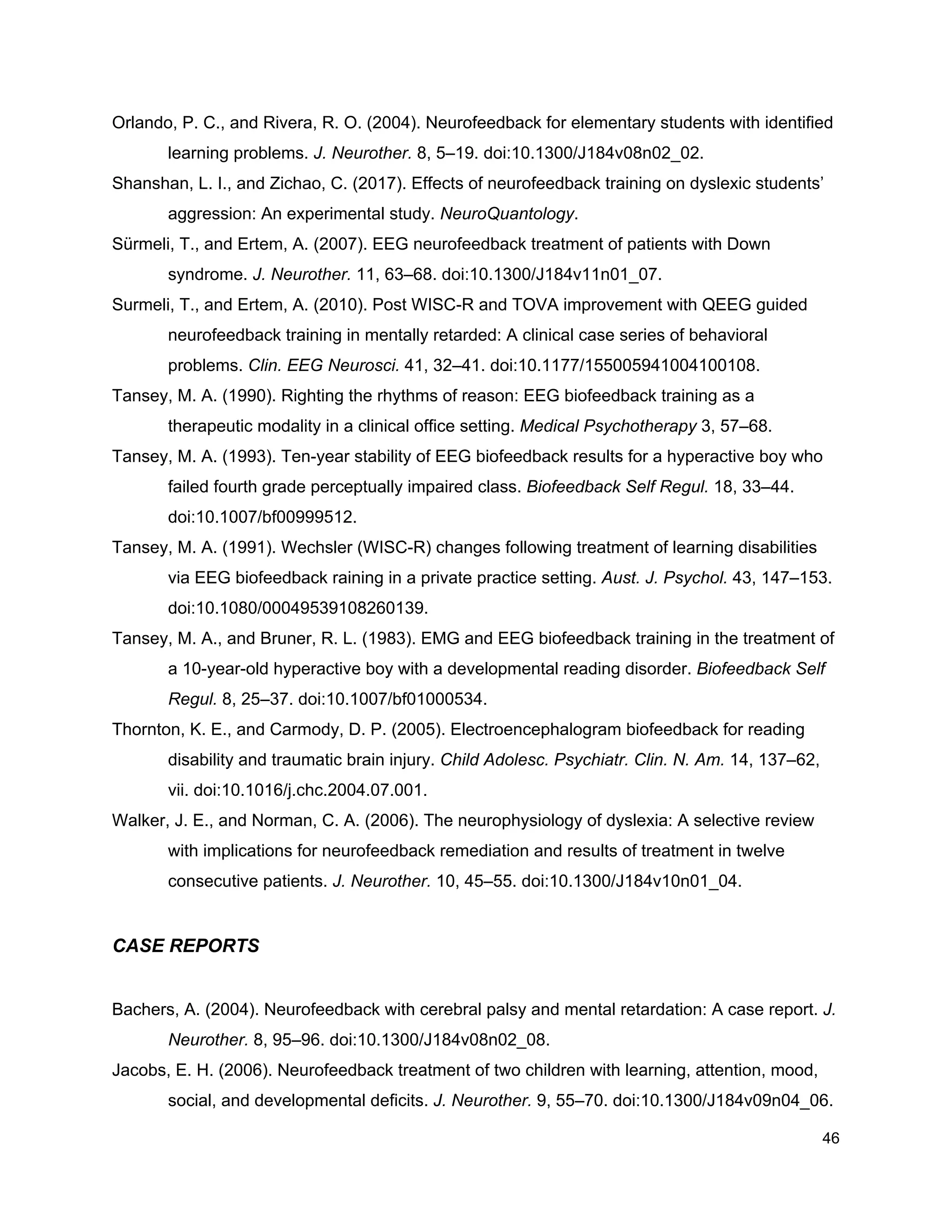 Orlando, P. C., and Rivera, R. O. (2004). Neurofeedback for elementary students with identified
learning problems. ​J. Neurother.​ 8, 5–19. doi:10.1300/J184v08n02_02.
Shanshan, L. I., and Zichao, C. (2017). Effects of neurofeedback training on dyslexic students’
aggression: An experimental study. ​NeuroQuantology​.
Sürmeli, T., and Ertem, A. (2007). EEG neurofeedback treatment of patients with Down
syndrome. ​J. Neurother.​ 11, 63–68. doi:10.1300/J184v11n01_07.
Surmeli, T., and Ertem, A. (2010). Post WISC-R and TOVA improvement with QEEG guided
neurofeedback training in mentally retarded: A clinical case series of behavioral
problems. ​Clin. EEG Neurosci.​ 41, 32–41. doi:10.1177/155005941004100108.
Tansey, M. A. (1990). Righting the rhythms of reason: EEG biofeedback training as a
therapeutic modality in a clinical office setting. ​Medical Psychotherapy​ 3, 57–68.
Tansey, M. A. (1993). Ten-year stability of EEG biofeedback results for a hyperactive boy who
failed fourth grade perceptually impaired class. ​Biofeedback Self Regul.​ 18, 33–44.
doi:10.1007/bf00999512.
Tansey, M. A. (1991). Wechsler (WISC-R) changes following treatment of learning disabilities
via EEG biofeedback raining in a private practice setting. ​Aust. J. Psychol.​ 43, 147–153.
doi:10.1080/00049539108260139.
Tansey, M. A., and Bruner, R. L. (1983). EMG and EEG biofeedback training in the treatment of
a 10-year-old hyperactive boy with a developmental reading disorder. ​Biofeedback Self
Regul.​ 8, 25–37. doi:10.1007/bf01000534.
Thornton, K. E., and Carmody, D. P. (2005). Electroencephalogram biofeedback for reading
disability and traumatic brain injury. ​Child Adolesc. Psychiatr. Clin. N. Am.​ 14, 137–62,
vii. doi:10.1016/j.chc.2004.07.001.
Walker, J. E., and Norman, C. A. (2006). The neurophysiology of dyslexia: A selective review
with implications for neurofeedback remediation and results of treatment in twelve
consecutive patients. ​J. Neurother.​ 10, 45–55. doi:10.1300/J184v10n01_04.
CASE REPORTS
Bachers, A. (2004). Neurofeedback with cerebral palsy and mental retardation: A case report. ​J.
Neurother.​ 8, 95–96. doi:10.1300/J184v08n02_08.
Jacobs, E. H. (2006). Neurofeedback treatment of two children with learning, attention, mood,
social, and developmental deficits. ​J. Neurother.​ 9, 55–70. doi:10.1300/J184v09n04_06.
46
 