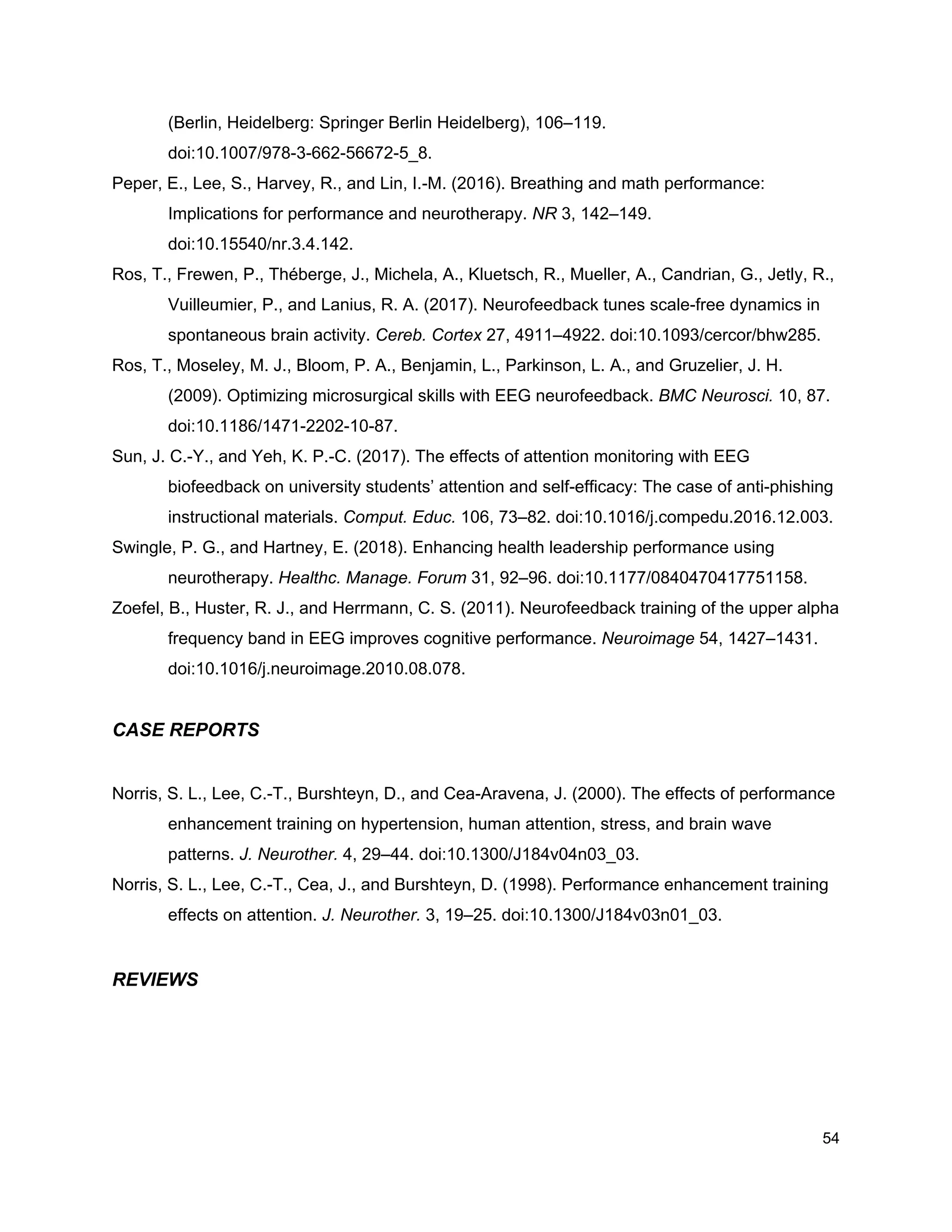 (Berlin, Heidelberg: Springer Berlin Heidelberg), 106–119.
doi:10.1007/978-3-662-56672-5_8.
Peper, E., Lee, S., Harvey, R., and Lin, I.-M. (2016). Breathing and math performance:
Implications for performance and neurotherapy. ​NR​ 3, 142–149.
doi:10.15540/nr.3.4.142.
Ros, T., Frewen, P., Théberge, J., Michela, A., Kluetsch, R., Mueller, A., Candrian, G., Jetly, R.,
Vuilleumier, P., and Lanius, R. A. (2017). Neurofeedback tunes scale-free dynamics in
spontaneous brain activity. ​Cereb. Cortex​ 27, 4911–4922. doi:10.1093/cercor/bhw285.
Ros, T., Moseley, M. J., Bloom, P. A., Benjamin, L., Parkinson, L. A., and Gruzelier, J. H.
(2009). Optimizing microsurgical skills with EEG neurofeedback. ​BMC Neurosci.​ 10, 87.
doi:10.1186/1471-2202-10-87.
Sun, J. C.-Y., and Yeh, K. P.-C. (2017). The effects of attention monitoring with EEG
biofeedback on university students’ attention and self-efficacy: The case of anti-phishing
instructional materials. ​Comput. Educ.​ 106, 73–82. doi:10.1016/j.compedu.2016.12.003.
Swingle, P. G., and Hartney, E. (2018). Enhancing health leadership performance using
neurotherapy. ​Healthc. Manage. Forum​ 31, 92–96. doi:10.1177/0840470417751158.
Zoefel, B., Huster, R. J., and Herrmann, C. S. (2011). Neurofeedback training of the upper alpha
frequency band in EEG improves cognitive performance. ​Neuroimage​ 54, 1427–1431.
doi:10.1016/j.neuroimage.2010.08.078.
CASE REPORTS
Norris, S. L., Lee, C.-T., Burshteyn, D., and Cea-Aravena, J. (2000). The effects of performance
enhancement training on hypertension, human attention, stress, and brain wave
patterns. ​J. Neurother.​ 4, 29–44. doi:10.1300/J184v04n03_03.
Norris, S. L., Lee, C.-T., Cea, J., and Burshteyn, D. (1998). Performance enhancement training
effects on attention. ​J. Neurother.​ 3, 19–25. doi:10.1300/J184v03n01_03.
REVIEWS
54
 
