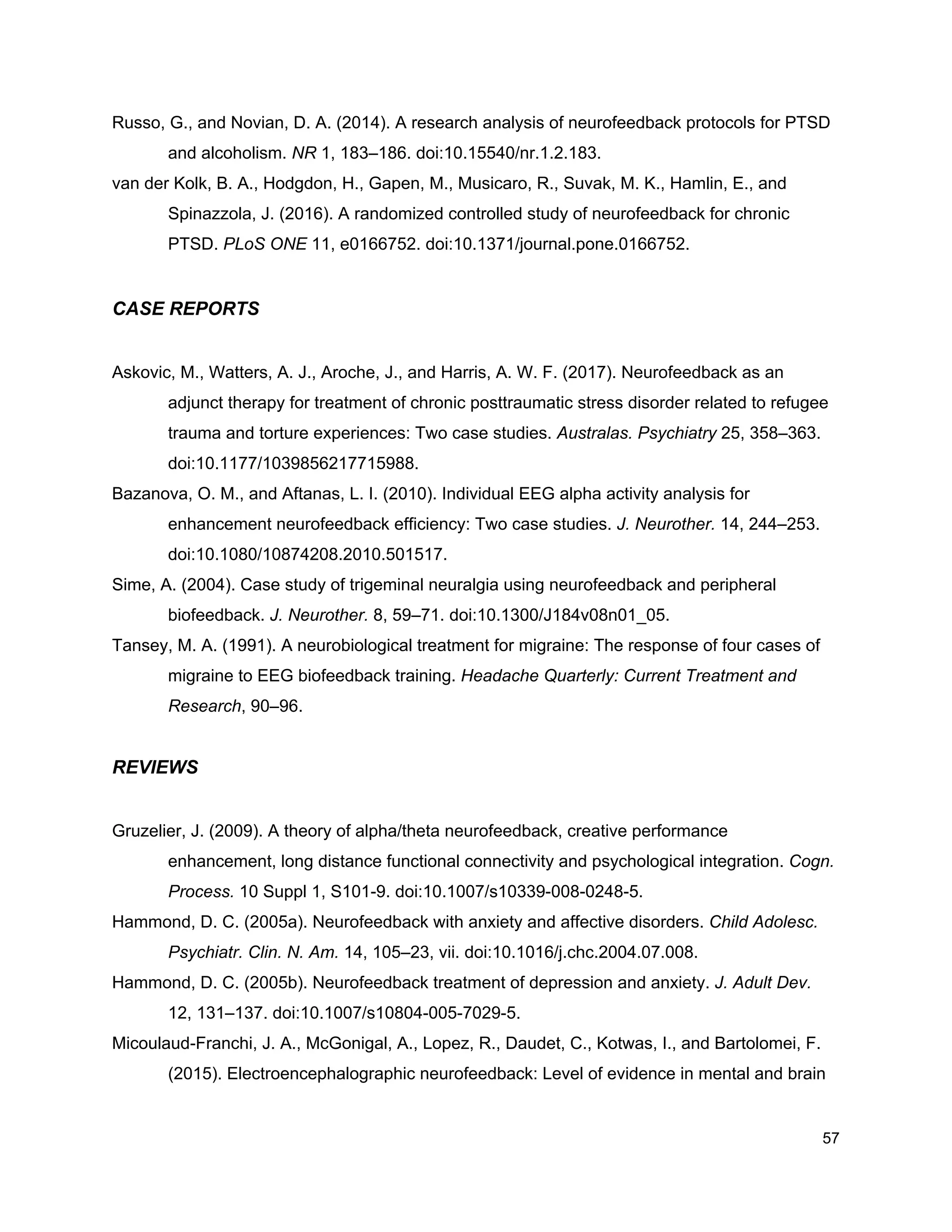 Russo, G., and Novian, D. A. (2014). A research analysis of neurofeedback protocols for PTSD
and alcoholism. ​NR​ 1, 183–186. doi:10.15540/nr.1.2.183.
van der Kolk, B. A., Hodgdon, H., Gapen, M., Musicaro, R., Suvak, M. K., Hamlin, E., and
Spinazzola, J. (2016). A randomized controlled study of neurofeedback for chronic
PTSD. ​PLoS ONE​ 11, e0166752. doi:10.1371/journal.pone.0166752.
CASE REPORTS
Askovic, M., Watters, A. J., Aroche, J., and Harris, A. W. F. (2017). Neurofeedback as an
adjunct therapy for treatment of chronic posttraumatic stress disorder related to refugee
trauma and torture experiences: Two case studies. ​Australas. Psychiatry​ 25, 358–363.
doi:10.1177/1039856217715988.
Bazanova, O. M., and Aftanas, L. I. (2010). Individual EEG alpha activity analysis for
enhancement neurofeedback efficiency: Two case studies. ​J. Neurother.​ 14, 244–253.
doi:10.1080/10874208.2010.501517.
Sime, A. (2004). Case study of trigeminal neuralgia using neurofeedback and peripheral
biofeedback. ​J. Neurother.​ 8, 59–71. doi:10.1300/J184v08n01_05.
Tansey, M. A. (1991). A neurobiological treatment for migraine: The response of four cases of
migraine to EEG biofeedback training. ​Headache Quarterly: Current Treatment and
Research​, 90–96.
REVIEWS
Gruzelier, J. (2009). A theory of alpha/theta neurofeedback, creative performance
enhancement, long distance functional connectivity and psychological integration. ​Cogn.
Process.​ 10 Suppl 1, S101-9. doi:10.1007/s10339-008-0248-5.
Hammond, D. C. (2005a). Neurofeedback with anxiety and affective disorders. ​Child Adolesc.
Psychiatr. Clin. N. Am.​ 14, 105–23, vii. doi:10.1016/j.chc.2004.07.008.
Hammond, D. C. (2005b). Neurofeedback treatment of depression and anxiety. ​J. Adult Dev.
12, 131–137. doi:10.1007/s10804-005-7029-5.
Micoulaud-Franchi, J. A., McGonigal, A., Lopez, R., Daudet, C., Kotwas, I., and Bartolomei, F.
(2015). Electroencephalographic neurofeedback: Level of evidence in mental and brain
57
 