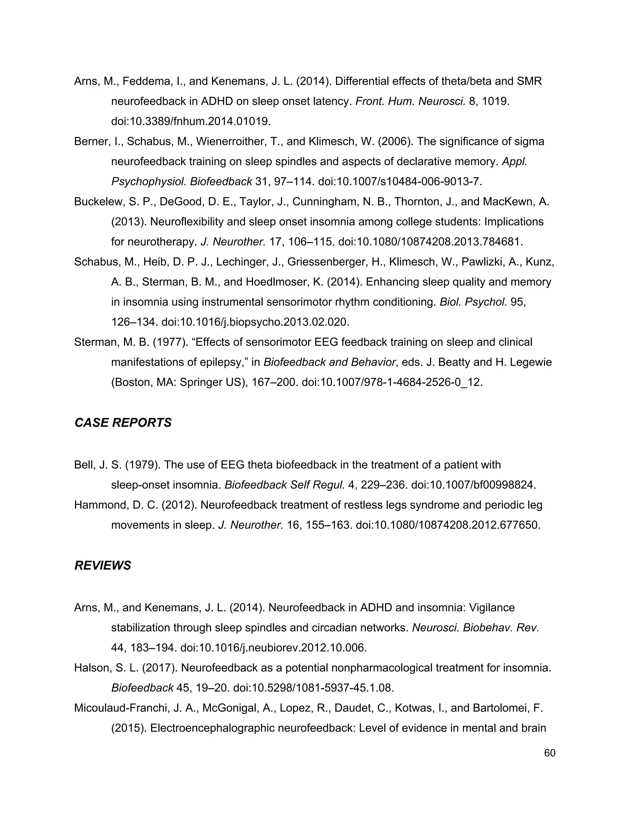 Arns, M., Feddema, I., and Kenemans, J. L. (2014). Differential effects of theta/beta and SMR
neurofeedback in ADHD on sleep onset latency. ​Front. Hum. Neurosci.​ 8, 1019.
doi:10.3389/fnhum.2014.01019.
Berner, I., Schabus, M., Wienerroither, T., and Klimesch, W. (2006). The significance of sigma
neurofeedback training on sleep spindles and aspects of declarative memory. ​Appl.
Psychophysiol. Biofeedback​ 31, 97–114. doi:10.1007/s10484-006-9013-7.
Buckelew, S. P., DeGood, D. E., Taylor, J., Cunningham, N. B., Thornton, J., and MacKewn, A.
(2013). Neuroflexibility and sleep onset insomnia among college students: Implications
for neurotherapy. ​J. Neurother.​ 17, 106–115. doi:10.1080/10874208.2013.784681.
Schabus, M., Heib, D. P. J., Lechinger, J., Griessenberger, H., Klimesch, W., Pawlizki, A., Kunz,
A. B., Sterman, B. M., and Hoedlmoser, K. (2014). Enhancing sleep quality and memory
in insomnia using instrumental sensorimotor rhythm conditioning. ​Biol. Psychol.​ 95,
126–134. doi:10.1016/j.biopsycho.2013.02.020.
Sterman, M. B. (1977). “Effects of sensorimotor EEG feedback training on sleep and clinical
manifestations of epilepsy,” in ​Biofeedback and Behavior​, eds. J. Beatty and H. Legewie
(Boston, MA: Springer US), 167–200. doi:10.1007/978-1-4684-2526-0_12.
CASE REPORTS
Bell, J. S. (1979). The use of EEG theta biofeedback in the treatment of a patient with
sleep-onset insomnia. ​Biofeedback Self Regul.​ 4, 229–236. doi:10.1007/bf00998824.
Hammond, D. C. (2012). Neurofeedback treatment of restless legs syndrome and periodic leg
movements in sleep. ​J. Neurother.​ 16, 155–163. doi:10.1080/10874208.2012.677650.
REVIEWS
Arns, M., and Kenemans, J. L. (2014). Neurofeedback in ADHD and insomnia: Vigilance
stabilization through sleep spindles and circadian networks. ​Neurosci. Biobehav. Rev.
44, 183–194. doi:10.1016/j.neubiorev.2012.10.006.
Halson, S. L. (2017). Neurofeedback as a potential nonpharmacological treatment for insomnia.
Biofeedback​ 45, 19–20. doi:10.5298/1081-5937-45.1.08.
Micoulaud-Franchi, J. A., McGonigal, A., Lopez, R., Daudet, C., Kotwas, I., and Bartolomei, F.
(2015). Electroencephalographic neurofeedback: Level of evidence in mental and brain
60
 