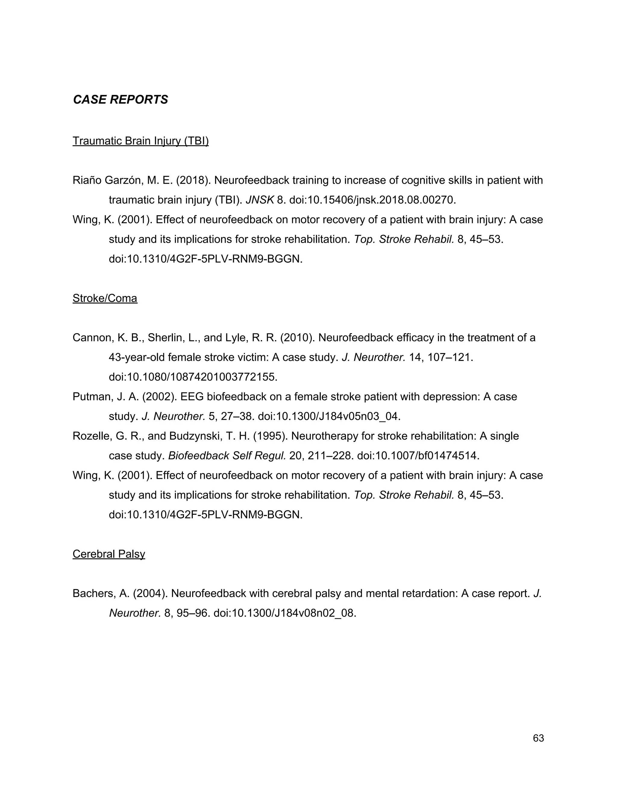 CASE REPORTS
Traumatic Brain Injury (TBI)
Riaño Garzón, M. E. (2018). Neurofeedback training to increase of cognitive skills in patient with
traumatic brain injury (TBI). ​JNSK​ 8. doi:10.15406/jnsk.2018.08.00270.
Wing, K. (2001). Effect of neurofeedback on motor recovery of a patient with brain injury: A case
study and its implications for stroke rehabilitation. ​Top. Stroke Rehabil.​ 8, 45–53.
doi:10.1310/4G2F-5PLV-RNM9-BGGN.
Stroke/Coma
Cannon, K. B., Sherlin, L., and Lyle, R. R. (2010). Neurofeedback efficacy in the treatment of a
43-year-old female stroke victim: A case study. ​J. Neurother.​ 14, 107–121.
doi:10.1080/10874201003772155.
Putman, J. A. (2002). EEG biofeedback on a female stroke patient with depression: A case
study. ​J. Neurother.​ 5, 27–38. doi:10.1300/J184v05n03_04.
Rozelle, G. R., and Budzynski, T. H. (1995). Neurotherapy for stroke rehabilitation: A single
case study. ​Biofeedback Self Regul.​ 20, 211–228. doi:10.1007/bf01474514.
Wing, K. (2001). Effect of neurofeedback on motor recovery of a patient with brain injury: A case
study and its implications for stroke rehabilitation. ​Top. Stroke Rehabil.​ 8, 45–53.
doi:10.1310/4G2F-5PLV-RNM9-BGGN.
Cerebral Palsy
Bachers, A. (2004). Neurofeedback with cerebral palsy and mental retardation: A case report. ​J.
Neurother.​ 8, 95–96. doi:10.1300/J184v08n02_08.
63
 