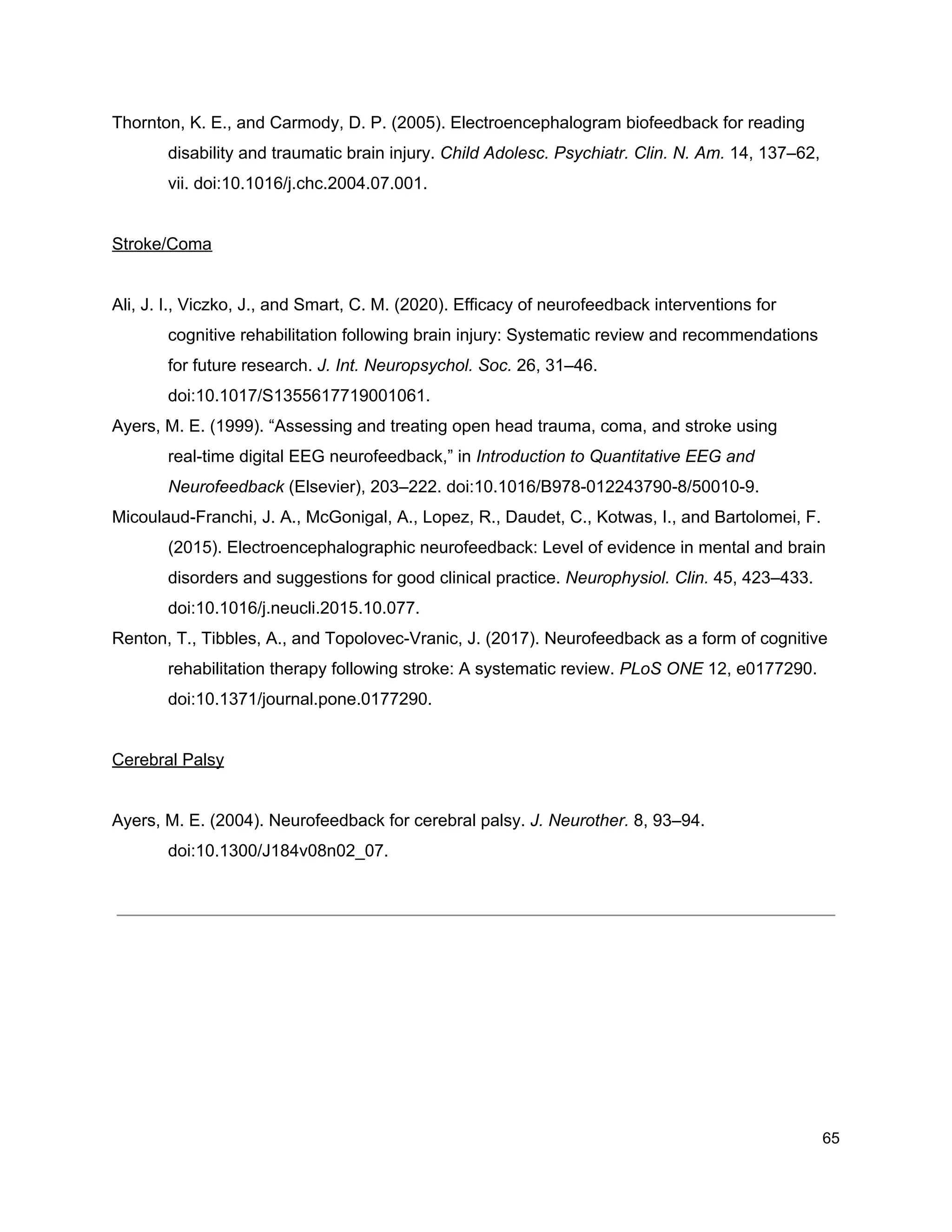 Thornton, K. E., and Carmody, D. P. (2005). Electroencephalogram biofeedback for reading
disability and traumatic brain injury. ​Child Adolesc. Psychiatr. Clin. N. Am.​ 14, 137–62,
vii. doi:10.1016/j.chc.2004.07.001.
Stroke/Coma
Ali, J. I., Viczko, J., and Smart, C. M. (2020). Efficacy of neurofeedback interventions for
cognitive rehabilitation following brain injury: Systematic review and recommendations
for future research. ​J. Int. Neuropsychol. Soc.​ 26, 31–46.
doi:10.1017/S1355617719001061.
Ayers, M. E. (1999). “Assessing and treating open head trauma, coma, and stroke using
real-time digital EEG neurofeedback,” in ​Introduction to Quantitative EEG and
Neurofeedback​ (Elsevier), 203–222. doi:10.1016/B978-012243790-8/50010-9.
Micoulaud-Franchi, J. A., McGonigal, A., Lopez, R., Daudet, C., Kotwas, I., and Bartolomei, F.
(2015). Electroencephalographic neurofeedback: Level of evidence in mental and brain
disorders and suggestions for good clinical practice. ​Neurophysiol. Clin.​ 45, 423–433.
doi:10.1016/j.neucli.2015.10.077.
Renton, T., Tibbles, A., and Topolovec-Vranic, J. (2017). Neurofeedback as a form of cognitive
rehabilitation therapy following stroke: A systematic review. ​PLoS ONE​ 12, e0177290.
doi:10.1371/journal.pone.0177290.
Cerebral Palsy
Ayers, M. E. (2004). Neurofeedback for cerebral palsy. ​J. Neurother.​ 8, 93–94.
doi:10.1300/J184v08n02_07.
65
 
