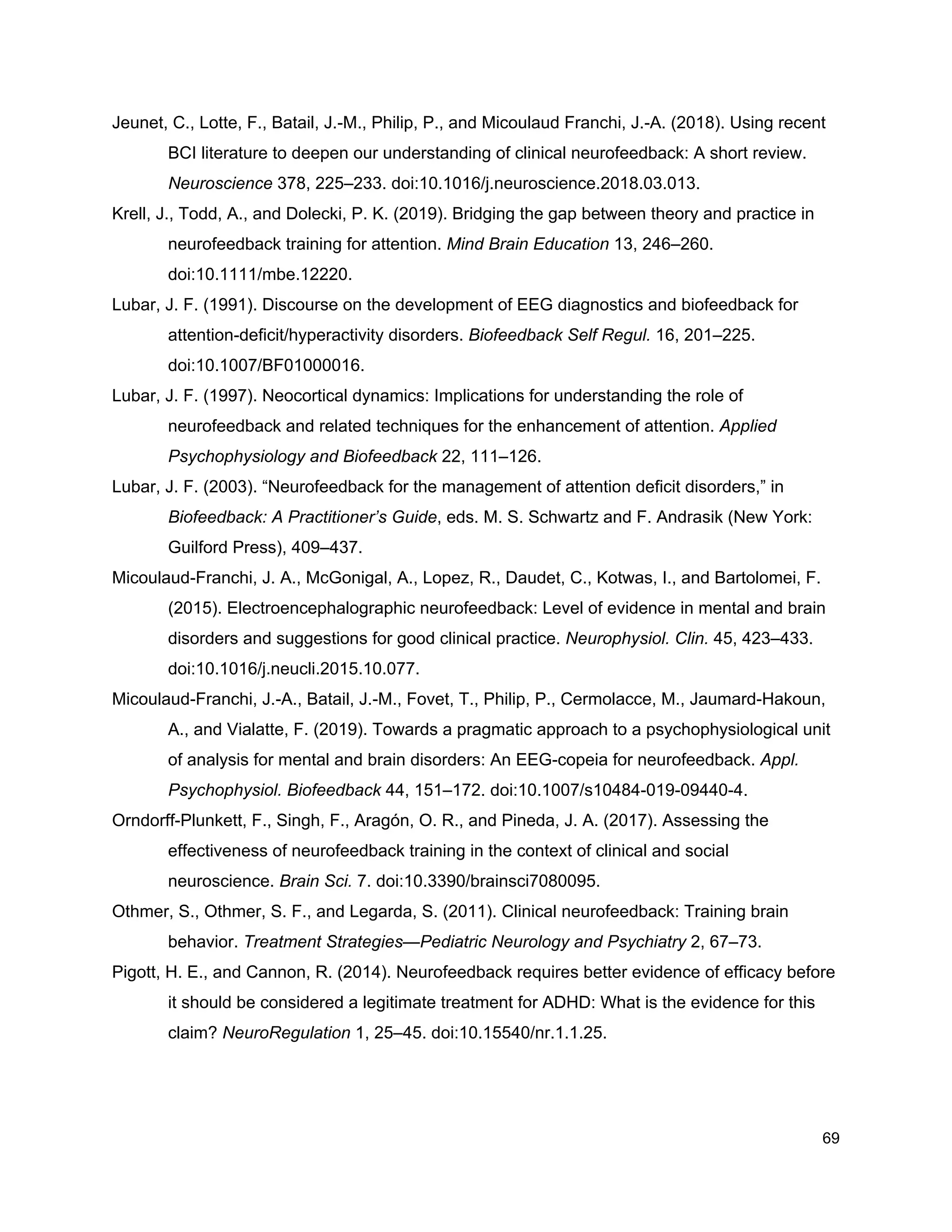 Jeunet, C., Lotte, F., Batail, J.-M., Philip, P., and Micoulaud Franchi, J.-A. (2018). Using recent
BCI literature to deepen our understanding of clinical neurofeedback: A short review.
Neuroscience​ 378, 225–233. doi:10.1016/j.neuroscience.2018.03.013.
Krell, J., Todd, A., and Dolecki, P. K. (2019). Bridging the gap between theory and practice in
neurofeedback training for attention. ​Mind Brain Education​ 13, 246–260.
doi:10.1111/mbe.12220.
Lubar, J. F. (1991). Discourse on the development of EEG diagnostics and biofeedback for
attention-deficit/hyperactivity disorders. ​Biofeedback Self Regul.​ 16, 201–225.
doi:10.1007/BF01000016.
Lubar, J. F. (1997). Neocortical dynamics: Implications for understanding the role of
neurofeedback and related techniques for the enhancement of attention. ​Applied
Psychophysiology and Biofeedback​ 22, 111–126.
Lubar, J. F. (2003). “Neurofeedback for the management of attention deficit disorders,” in
Biofeedback: A Practitioner’s Guide​, eds. M. S. Schwartz and F. Andrasik (New York:
Guilford Press), 409–437.
Micoulaud-Franchi, J. A., McGonigal, A., Lopez, R., Daudet, C., Kotwas, I., and Bartolomei, F.
(2015). Electroencephalographic neurofeedback: Level of evidence in mental and brain
disorders and suggestions for good clinical practice. ​Neurophysiol. Clin.​ 45, 423–433.
doi:10.1016/j.neucli.2015.10.077.
Micoulaud-Franchi, J.-A., Batail, J.-M., Fovet, T., Philip, P., Cermolacce, M., Jaumard-Hakoun,
A., and Vialatte, F. (2019). Towards a pragmatic approach to a psychophysiological unit
of analysis for mental and brain disorders: An EEG-copeia for neurofeedback. ​Appl.
Psychophysiol. Biofeedback​ 44, 151–172. doi:10.1007/s10484-019-09440-4.
Orndorff-Plunkett, F., Singh, F., Aragón, O. R., and Pineda, J. A. (2017). Assessing the
effectiveness of neurofeedback training in the context of clinical and social
neuroscience. ​Brain Sci.​ 7. doi:10.3390/brainsci7080095.
Othmer, S., Othmer, S. F., and Legarda, S. (2011). Clinical neurofeedback: Training brain
behavior. ​Treatment Strategies—Pediatric Neurology and Psychiatry​ 2, 67–73.
Pigott, H. E., and Cannon, R. (2014). Neurofeedback requires better evidence of efficacy before
it should be considered a legitimate treatment for ADHD: What is the evidence for this
claim? ​NeuroRegulation​ 1, 25–45. doi:10.15540/nr.1.1.25.
69
 
