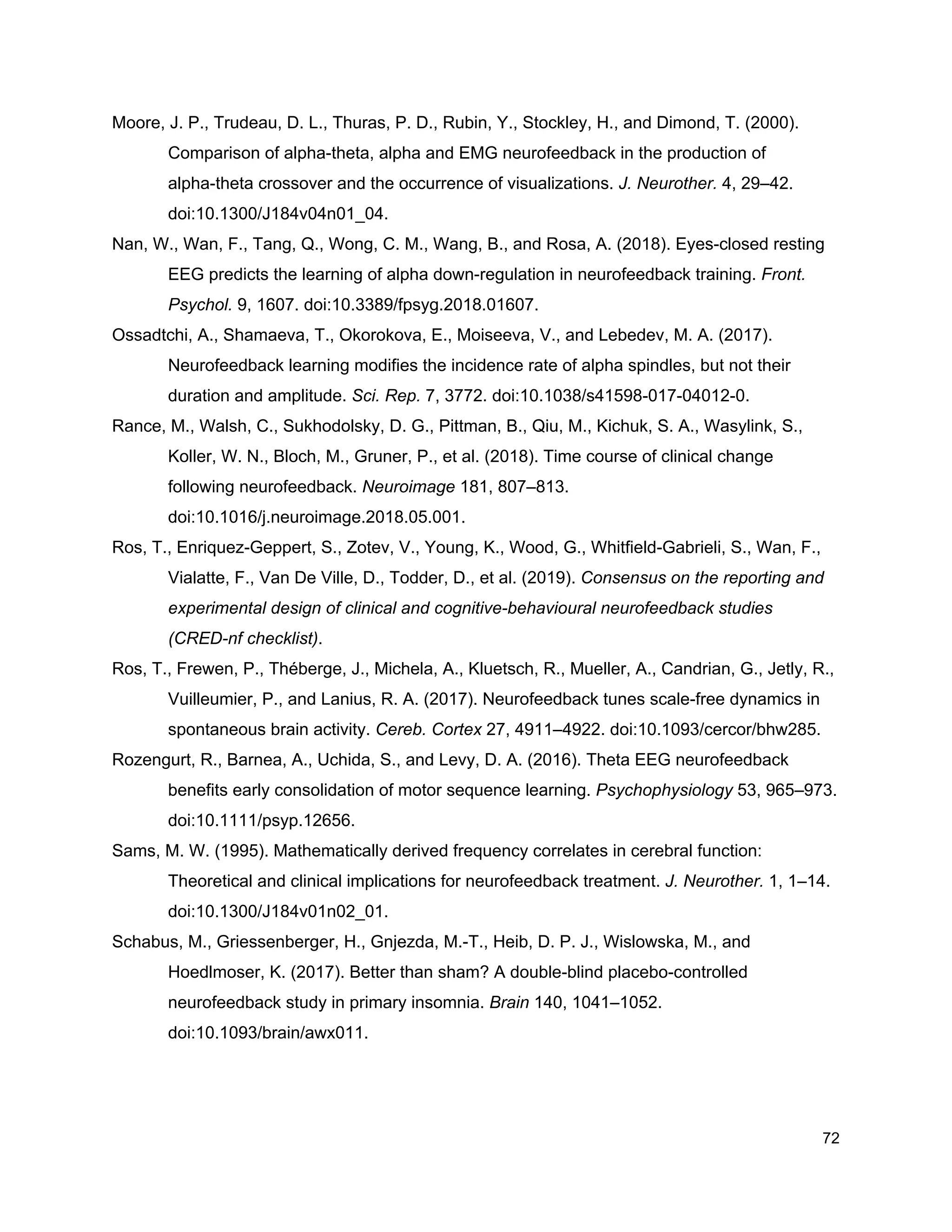 Moore, J. P., Trudeau, D. L., Thuras, P. D., Rubin, Y., Stockley, H., and Dimond, T. (2000).
Comparison of alpha-theta, alpha and EMG neurofeedback in the production of
alpha-theta crossover and the occurrence of visualizations. ​J. Neurother.​ 4, 29–42.
doi:10.1300/J184v04n01_04.
Nan, W., Wan, F., Tang, Q., Wong, C. M., Wang, B., and Rosa, A. (2018). Eyes-closed resting
EEG predicts the learning of alpha down-regulation in neurofeedback training. ​Front.
Psychol.​ 9, 1607. doi:10.3389/fpsyg.2018.01607.
Ossadtchi, A., Shamaeva, T., Okorokova, E., Moiseeva, V., and Lebedev, M. A. (2017).
Neurofeedback learning modifies the incidence rate of alpha spindles, but not their
duration and amplitude. ​Sci. Rep.​ 7, 3772. doi:10.1038/s41598-017-04012-0.
Rance, M., Walsh, C., Sukhodolsky, D. G., Pittman, B., Qiu, M., Kichuk, S. A., Wasylink, S.,
Koller, W. N., Bloch, M., Gruner, P., et al. (2018). Time course of clinical change
following neurofeedback. ​Neuroimage​ 181, 807–813.
doi:10.1016/j.neuroimage.2018.05.001.
Ros, T., Enriquez-Geppert, S., Zotev, V., Young, K., Wood, G., Whitfield-Gabrieli, S., Wan, F.,
Vialatte, F., Van De Ville, D., Todder, D., et al. (2019). ​Consensus on the reporting and
experimental design of clinical and cognitive-behavioural neurofeedback studies
(CRED-nf checklist)​.
Ros, T., Frewen, P., Théberge, J., Michela, A., Kluetsch, R., Mueller, A., Candrian, G., Jetly, R.,
Vuilleumier, P., and Lanius, R. A. (2017). Neurofeedback tunes scale-free dynamics in
spontaneous brain activity. ​Cereb. Cortex​ 27, 4911–4922. doi:10.1093/cercor/bhw285.
Rozengurt, R., Barnea, A., Uchida, S., and Levy, D. A. (2016). Theta EEG neurofeedback
benefits early consolidation of motor sequence learning. ​Psychophysiology​ 53, 965–973.
doi:10.1111/psyp.12656.
Sams, M. W. (1995). Mathematically derived frequency correlates in cerebral function:
Theoretical and clinical implications for neurofeedback treatment. ​J. Neurother.​ 1, 1–14.
doi:10.1300/J184v01n02_01.
Schabus, M., Griessenberger, H., Gnjezda, M.-T., Heib, D. P. J., Wislowska, M., and
Hoedlmoser, K. (2017). Better than sham? A double-blind placebo-controlled
neurofeedback study in primary insomnia. ​Brain​ 140, 1041–1052.
doi:10.1093/brain/awx011.
72
 