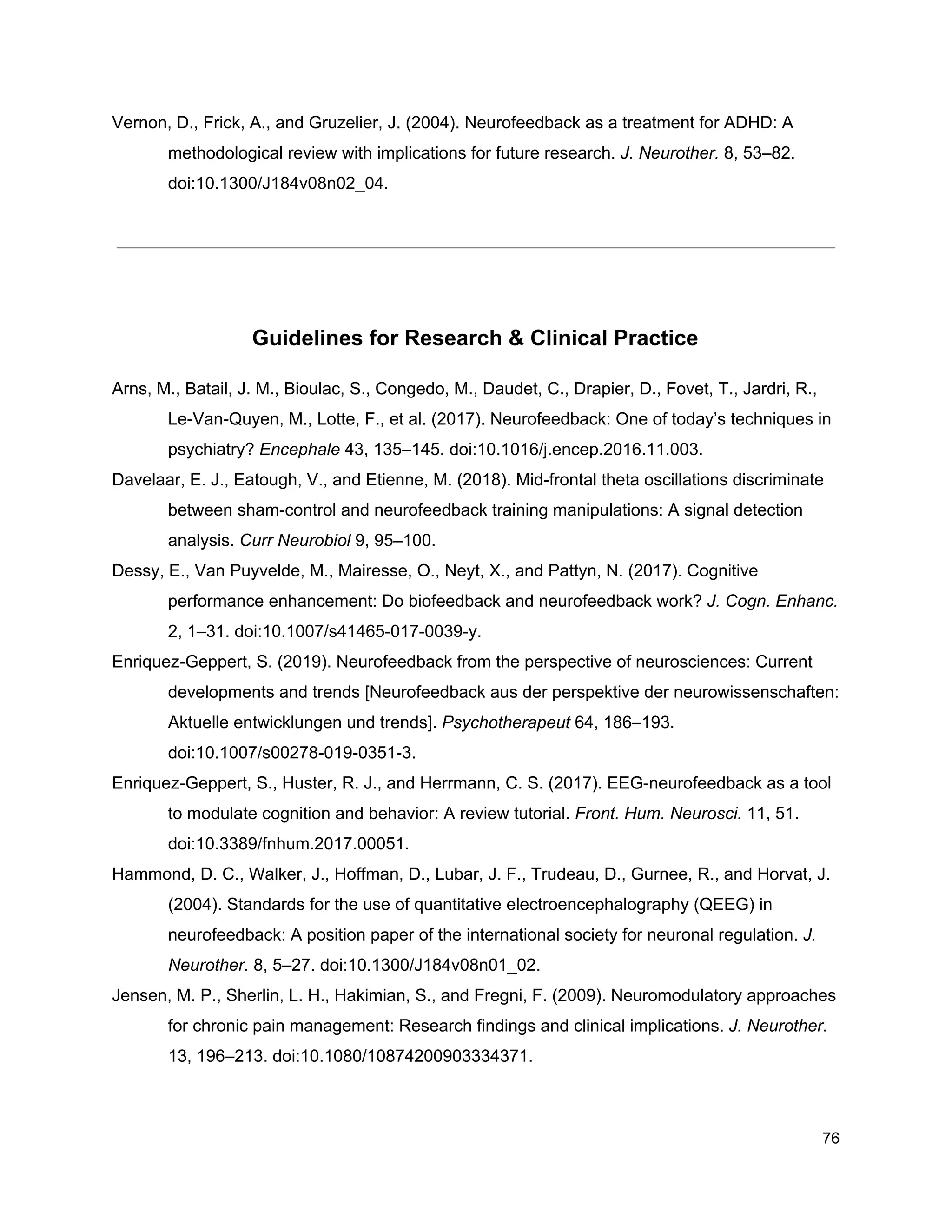 Vernon, D., Frick, A., and Gruzelier, J. (2004). Neurofeedback as a treatment for ADHD: A
methodological review with implications for future research. ​J. Neurother.​ 8, 53–82.
doi:10.1300/J184v08n02_04.
Guidelines for Research & Clinical Practice
Arns, M., Batail, J. M., Bioulac, S., Congedo, M., Daudet, C., Drapier, D., Fovet, T., Jardri, R.,
Le-Van-Quyen, M., Lotte, F., et al. (2017). Neurofeedback: One of today’s techniques in
psychiatry? ​Encephale​ 43, 135–145. doi:10.1016/j.encep.2016.11.003.
Davelaar, E. J., Eatough, V., and Etienne, M. (2018). Mid-frontal theta oscillations discriminate
between sham-control and neurofeedback training manipulations: A signal detection
analysis. ​Curr Neurobiol​ 9, 95–100.
Dessy, E., Van Puyvelde, M., Mairesse, O., Neyt, X., and Pattyn, N. (2017). Cognitive
performance enhancement: Do biofeedback and neurofeedback work? ​J. Cogn. Enhanc.
2, 1–31. doi:10.1007/s41465-017-0039-y.
Enriquez-Geppert, S. (2019). Neurofeedback from the perspective of neurosciences: Current
developments and trends [Neurofeedback aus der perspektive der neurowissenschaften:
Aktuelle entwicklungen und trends]. ​Psychotherapeut​ 64, 186–193.
doi:10.1007/s00278-019-0351-3.
Enriquez-Geppert, S., Huster, R. J., and Herrmann, C. S. (2017). EEG-neurofeedback as a tool
to modulate cognition and behavior: A review tutorial. ​Front. Hum. Neurosci.​ 11, 51.
doi:10.3389/fnhum.2017.00051.
Hammond, D. C., Walker, J., Hoffman, D., Lubar, J. F., Trudeau, D., Gurnee, R., and Horvat, J.
(2004). Standards for the use of quantitative electroencephalography (QEEG) in
neurofeedback: A position paper of the international society for neuronal regulation. ​J.
Neurother.​ 8, 5–27. doi:10.1300/J184v08n01_02.
Jensen, M. P., Sherlin, L. H., Hakimian, S., and Fregni, F. (2009). Neuromodulatory approaches
for chronic pain management: Research findings and clinical implications. ​J. Neurother.
13, 196–213. doi:10.1080/10874200903334371.
76
 