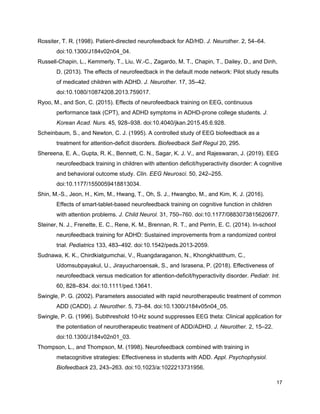 Rossiter, T. R. (1998). Patient-directed neurofeedback for AD/HD. ​J. Neurother.​ 2, 54–64.
doi:10.1300/J184v02n04_04.
Russell-Chapin, L., Kemmerly, T., Liu, W.-C., Zagardo, M. T., Chapin, T., Dailey, D., and Dinh,
D. (2013). The effects of neurofeedback in the default mode network: Pilot study results
of medicated children with ADHD. ​J. Neurother.​ 17, 35–42.
doi:10.1080/10874208.2013.759017.
Ryoo, M., and Son, C. (2015). Effects of neurofeedback training on EEG, continuous
performance task (CPT), and ADHD symptoms in ADHD-prone college students. ​J.
Korean Acad. Nurs.​ 45, 928–938. doi:10.4040/jkan.2015.45.6.928.
Scheinbaum, S., and Newton, C. J. (1995). A controlled study of EEG biofeedback as a
treatment for attention-deficit disorders. ​Biofeedback Self Regul​ 20, 295.
Shereena, E. A., Gupta, R. K., Bennett, C. N., Sagar, K. J. V., and Rajeswaran, J. (2019). EEG
neurofeedback training in children with attention deficit/hyperactivity disorder: A cognitive
and behavioral outcome study. ​Clin. EEG Neurosci.​ 50, 242–255.
doi:10.1177/1550059418813034.
Shin, M.-S., Jeon, H., Kim, M., Hwang, T., Oh, S. J., Hwangbo, M., and Kim, K. J. (2016).
Effects of smart-tablet-based neurofeedback training on cognitive function in children
with attention problems. ​J. Child Neurol.​ 31, 750–760. doi:10.1177/0883073815620677.
Steiner, N. J., Frenette, E. C., Rene, K. M., Brennan, R. T., and Perrin, E. C. (2014). In-school
neurofeedback training for ADHD: Sustained improvements from a randomized control
trial. ​Pediatrics​ 133, 483–492. doi:10.1542/peds.2013-2059.
Sudnawa, K. K., Chirdkiatgumchai, V., Ruangdaraganon, N., Khongkhatithum, C.,
Udomsubpayakul, U., Jirayucharoensak, S., and Israsena, P. (2018). Effectiveness of
neurofeedback versus medication for attention-deficit/hyperactivity disorder. ​Pediatr. Int.
60, 828–834. doi:10.1111/ped.13641.
Swingle, P. G. (2002). Parameters associated with rapid neurotherapeutic treatment of common
ADD (CADD). ​J. Neurother.​ 5, 73–84. doi:10.1300/J184v05n04_05.
Swingle, P. G. (1996). Subthreshold 10-Hz sound suppresses EEG theta: Clinical application for
the potentiation of neurotherapeutic treatment of ADD/ADHD. ​J. Neurother.​ 2, 15–22.
doi:10.1300/J184v02n01_03.
Thompson, L., and Thompson, M. (1998). Neurofeedback combined with training in
metacognitive strategies: Effectiveness in students with ADD. ​Appl. Psychophysiol.
Biofeedback​ 23, 243–263. doi:10.1023/a:1022213731956.
17
 