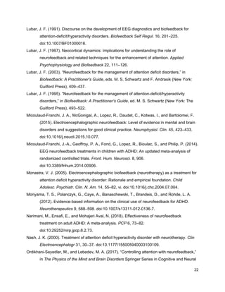 Lubar, J. F. (1991). Discourse on the development of EEG diagnostics and biofeedback for
attention-deficit/hyperactivity disorders. ​Biofeedback Self Regul.​ 16, 201–225.
doi:10.1007/BF01000016.
Lubar, J. F. (1997). Neocortical dynamics: Implications for understanding the role of
neurofeedback and related techniques for the enhancement of attention. ​Applied
Psychophysiology and Biofeedback​ 22, 111–126.
Lubar, J. F. (2003). “Neurofeedback for the management of attention deficit disorders,” in
Biofeedback: A Practitioner’s Guide​, eds. M. S. Schwartz and F. Andrasik (New York:
Guilford Press), 409–437.
Lubar, J. F. (1995). “Neurofeedback for the management of attention-deficit/hyperactivity
disorders,” in ​Biofeedback: A Practitioner’s Guide​, ed. M. S. Schwartz (New York: The
Guilford Press), 493–522.
Micoulaud-Franchi, J. A., McGonigal, A., Lopez, R., Daudet, C., Kotwas, I., and Bartolomei, F.
(2015). Electroencephalographic neurofeedback: Level of evidence in mental and brain
disorders and suggestions for good clinical practice. ​Neurophysiol. Clin.​ 45, 423–433.
doi:10.1016/j.neucli.2015.10.077.
Micoulaud-Franchi, J.-A., Geoffroy, P. A., Fond, G., Lopez, R., Bioulac, S., and Philip, P. (2014).
EEG neurofeedback treatments in children with ADHD: An updated meta-analysis of
randomized controlled trials. ​Front. Hum. Neurosci.​ 8, 906.
doi:10.3389/fnhum.2014.00906.
Monastra, V. J. (2005). Electroencephalographic biofeedback (neurotherapy) as a treatment for
attention deficit hyperactivity disorder: Rationale and empirical foundation. ​Child
Adolesc. Psychiatr. Clin. N. Am.​ 14, 55–82, vi. doi:10.1016/j.chc.2004.07.004.
Moriyama, T. S., Polanczyk, G., Caye, A., Banaschewski, T., Brandeis, D., and Rohde, L. A.
(2012). Evidence-based information on the clinical use of neurofeedback for ADHD.
Neurotherapeutics​ 9, 588–598. doi:10.1007/s13311-012-0136-7.
Narimani, M., Ensafi, E., and Mohajeri Aval, N. (2018). Effectiveness of neurofeedback
treatment on adult ADHD: A meta-analysis. ​PCP​ 6, 73–82.
doi:10.29252/nirp.jpcp.6.2.73.
Nash, J. K. (2000). Treatment of attention deficit hyperactivity disorder with neurotherapy. ​Clin
Electroencephalogr​ 31, 30–37. doi:10.1177/155005940003100109.
Ordikhani-Seyedlar, M., and Lebedev, M. A. (2017). “Controlling attention with neurofeedback,”
in ​The Physics of the Mind and Brain Disorders​ Springer Series in Cognitive and Neural
22
 