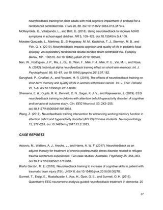 neurofeedback training for older adults with mild cognitive impairment: A protocol for a
randomized controlled trial. ​Trials​ 20, 88. doi:10.1186/s13063-018-3170-x.
McReynolds, C., Villalpando, L., and Britt, C. (2018). Using neurofeedback to improve ADHD
symptoms in school-aged children. ​NR​ 5, 109–128. doi:10.15540/nr.5.4.109.
Morales-Quezada, L., Martinez, D., El-Hagrassy, M. M., Kaptchuk, T. J., Sterman, M. B., and
Yeh, G. Y. (2019). Neurofeedback impacts cognition and quality of life in pediatric focal
epilepsy: An exploratory randomized double-blinded sham-controlled trial. ​Epilepsy
Behav.​ 101, 106570. doi:10.1016/j.yebeh.2019.106570.
Nan, W., Rodrigues, J. P., Ma, J., Qu, X., Wan, F., Mak, P.-I., Mak, P. U., Vai, M. I., and Rosa,
A. (2012). Individual alpha neurofeedback training effect on short term memory. ​Int. J.
Psychophysiol.​ 86, 83–87. doi:10.1016/j.ijpsycho.2012.07.182.
Sarvghadi, P., Ghaffari, A., and Rostami, H. R. (2019). The effects of neurofeedback training on
short-term memory and quality of life in women with breast cancer. ​Int. J. Ther. Rehabil.
26, 1–8. doi:10.12968/ijtr.2018.0088.
Shereena, E. A., Gupta, R. K., Bennett, C. N., Sagar, K. J. V., and Rajeswaran, J. (2019). EEG
neurofeedback training in children with attention deficit/hyperactivity disorder: A cognitive
and behavioral outcome study. ​Clin. EEG Neurosci.​ 50, 242–255.
doi:10.1177/1550059418813034.
Wang, Z. (2017). Neurofeedback training intervention for enhancing working memory function in
attention deficit and hyperactivity disorder (ADHD) Chinese students. ​Neuroquantology
15, 277–283. doi:10.14704/nq.2017.15.2.1073.
CASE REPORTS
Askovic, M., Watters, A. J., Aroche, J., and Harris, A. W. F. (2017). Neurofeedback as an
adjunct therapy for treatment of chronic posttraumatic stress disorder related to refugee
trauma and torture experiences: Two case studies. ​Australas. Psychiatry​ 25, 358–363.
doi:10.1177/1039856217715988.
Riaño Garzón, M. E. (2018). Neurofeedback training to increase of cognitive skills in patient with
traumatic brain injury (TBI). ​JNSK​ 8. doi:10.15406/jnsk.2018.08.00270.
Surmeli, T., Eralp, E., Mustafazade, I., Kos, H., Özer, G. E., and Surmeli, O. H. (2016).
Quantitative EEG neurometric analysis-guided neurofeedback treatment in dementia: 20
37
 