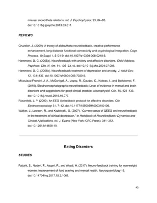 misuse: mood/theta relations. ​Int. J. Psychophysiol.​ 93, 84–95.
doi:10.1016/j.ijpsycho.2013.03.011.
REVIEWS
Gruzelier, J. (2009). A theory of alpha/theta neurofeedback, creative performance
enhancement, long distance functional connectivity and psychological integration. ​Cogn.
Process.​ 10 Suppl 1, S101-9. doi:10.1007/s10339-008-0248-5.
Hammond, D. C. (2005a). Neurofeedback with anxiety and affective disorders. ​Child Adolesc.
Psychiatr. Clin. N. Am.​ 14, 105–23, vii. doi:10.1016/j.chc.2004.07.008.
Hammond, D. C. (2005b). Neurofeedback treatment of depression and anxiety. ​J. Adult Dev.
12, 131–137. doi:10.1007/s10804-005-7029-5.
Micoulaud-Franchi, J. A., McGonigal, A., Lopez, R., Daudet, C., Kotwas, I., and Bartolomei, F.
(2015). Electroencephalographic neurofeedback: Level of evidence in mental and brain
disorders and suggestions for good clinical practice. ​Neurophysiol. Clin.​ 45, 423–433.
doi:10.1016/j.neucli.2015.10.077.
Rosenfeld, J. P. (2000). An EEG biofeedback protocol for affective disorders. ​Clin
Electroencephalogr​ 31, 7–12. doi:10.1177/155005940003100106.
Walker, J., Lawson, R., and Kozlowski, G. (2007). “Current status of QEEG and neurofeedback
in the treatment of clinical depression,” in ​Handbook of Neurofeedback: Dynamics and
Clinical Applications​, ed. J. Evans (New York: CRC Press), 341–352.
doi:10.1201/b14658-19.
Eating Disorders
STUDIES
Fattahi, S., Naderi, F., Asgari, P., and Ahadi, H. (2017). Neuro-feedback training for overweight
women: Improvement of food craving and mental health. ​Neuroquantology​ 15.
doi:10.14704/nq.2017.15.2.1067.
40
 