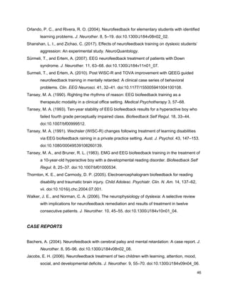 Orlando, P. C., and Rivera, R. O. (2004). Neurofeedback for elementary students with identified
learning problems. ​J. Neurother.​ 8, 5–19. doi:10.1300/J184v08n02_02.
Shanshan, L. I., and Zichao, C. (2017). Effects of neurofeedback training on dyslexic students’
aggression: An experimental study. ​NeuroQuantology​.
Sürmeli, T., and Ertem, A. (2007). EEG neurofeedback treatment of patients with Down
syndrome. ​J. Neurother.​ 11, 63–68. doi:10.1300/J184v11n01_07.
Surmeli, T., and Ertem, A. (2010). Post WISC-R and TOVA improvement with QEEG guided
neurofeedback training in mentally retarded: A clinical case series of behavioral
problems. ​Clin. EEG Neurosci.​ 41, 32–41. doi:10.1177/155005941004100108.
Tansey, M. A. (1990). Righting the rhythms of reason: EEG biofeedback training as a
therapeutic modality in a clinical office setting. ​Medical Psychotherapy​ 3, 57–68.
Tansey, M. A. (1993). Ten-year stability of EEG biofeedback results for a hyperactive boy who
failed fourth grade perceptually impaired class. ​Biofeedback Self Regul.​ 18, 33–44.
doi:10.1007/bf00999512.
Tansey, M. A. (1991). Wechsler (WISC-R) changes following treatment of learning disabilities
via EEG biofeedback raining in a private practice setting. ​Aust. J. Psychol.​ 43, 147–153.
doi:10.1080/00049539108260139.
Tansey, M. A., and Bruner, R. L. (1983). EMG and EEG biofeedback training in the treatment of
a 10-year-old hyperactive boy with a developmental reading disorder. ​Biofeedback Self
Regul.​ 8, 25–37. doi:10.1007/bf01000534.
Thornton, K. E., and Carmody, D. P. (2005). Electroencephalogram biofeedback for reading
disability and traumatic brain injury. ​Child Adolesc. Psychiatr. Clin. N. Am.​ 14, 137–62,
vii. doi:10.1016/j.chc.2004.07.001.
Walker, J. E., and Norman, C. A. (2006). The neurophysiology of dyslexia: A selective review
with implications for neurofeedback remediation and results of treatment in twelve
consecutive patients. ​J. Neurother.​ 10, 45–55. doi:10.1300/J184v10n01_04.
CASE REPORTS
Bachers, A. (2004). Neurofeedback with cerebral palsy and mental retardation: A case report. ​J.
Neurother.​ 8, 95–96. doi:10.1300/J184v08n02_08.
Jacobs, E. H. (2006). Neurofeedback treatment of two children with learning, attention, mood,
social, and developmental deficits. ​J. Neurother.​ 9, 55–70. doi:10.1300/J184v09n04_06.
46
 
