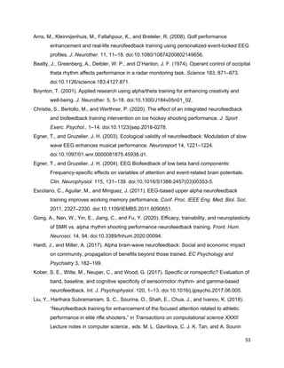 Arns, M., Kleinnijenhuis, M., Fallahpour, K., and Breteler, R. (2008). Golf performance
enhancement and real-life neurofeedback training using personalized event-locked EEG
profiles. ​J. Neurother.​ 11, 11–18. doi:10.1080/10874200802149656.
Beatty, J., Greenberg, A., Deibler, W. P., and O’Hanlon, J. F. (1974). Operant control of occipital
theta rhythm affects performance in a radar monitoring task. ​Science​ 183, 871–873.
doi:10.1126/science.183.4127.871.
Boynton, T. (2001). Applied research using alpha/theta training for enhancing creativity and
well-being. ​J. Neurother.​ 5, 5–18. doi:10.1300/J184v05n01_02.
Christie, S., Bertollo, M., and Werthner, P. (2020). The effect of an integrated neurofeedback
and biofeedback training intervention on ice hockey shooting performance. ​J. Sport
Exerc. Psychol.​, 1–14. doi:10.1123/jsep.2018-0278.
Egner, T., and Gruzelier, J. H. (2003). Ecological validity of neurofeedback: Modulation of slow
wave EEG enhances musical performance. ​Neuroreport​ 14, 1221–1224.
doi:10.1097/01.wnr.0000081875.45938.d1.
Egner, T., and Gruzelier, J. H. (2004). EEG Biofeedback of low beta band components:
Frequency-specific effects on variables of attention and event-related brain potentials.
Clin. Neurophysiol.​ 115, 131–139. doi:10.1016/S1388-2457(03)00353-5.
Escolano, C., Aguilar, M., and Minguez, J. (2011). EEG-based upper alpha neurofeedback
training improves working memory performance. ​Conf. Proc. IEEE Eng. Med. Biol. Soc.
2011, 2327–2330. doi:10.1109/IEMBS.2011.6090651.
Gong, A., Nan, W., Yin, E., Jiang, C., and Fu, Y. (2020). Efficacy, trainability, and neuroplasticity
of SMR vs. alpha rhythm shooting performance neurofeedback training. ​Front. Hum.
Neurosci.​ 14, 94. doi:10.3389/fnhum.2020.00094.
Hardt, J., and Miller, A. (2017). Alpha brain-wave neurofeedback: Social and economic impact
on community, propagation of benefits beyond those trained. ​EC Psychology and
Psychiatry​ 3, 182–199.
Kober, S. E., Witte, M., Neuper, C., and Wood, G. (2017). Specific or nonspecific? Evaluation of
band, baseline, and cognitive specificity of sensorimotor rhythm- and gamma-based
neurofeedback. ​Int. J. Psychophysiol.​ 120, 1–13. doi:10.1016/j.ijpsycho.2017.06.005.
Liu, Y., Harihara Subramaniam, S. C., Sourina, O., Shah, E., Chua, J., and Ivanov, K. (2018).
“Neurofeedback training for enhancement of the focused attention related to athletic
performance in elite rifle shooters,” in ​Transactions on computational science XXXII
Lecture notes in computer science., eds. M. L. Gavrilova, C. J. K. Tan, and A. Sourin
53
 