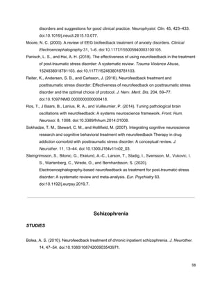 disorders and suggestions for good clinical practice. ​Neurophysiol. Clin.​ 45, 423–433.
doi:10.1016/j.neucli.2015.10.077.
Moore, N. C. (2000). A review of EEG biofeedback treatment of anxiety disorders. ​Clinical
Electroencephalography​ 31, 1–6. doi:10.1177/155005940003100105.
Panisch, L. S., and Hai, A. H. (2018). The effectiveness of using neurofeedback in the treatment
of post-traumatic stress disorder: A systematic review. ​Trauma Violence Abuse​,
1524838018781103. doi:10.1177/1524838018781103.
Reiter, K., Andersen, S. B., and Carlsson, J. (2016). Neurofeedback treatment and
posttraumatic stress disorder: Effectiveness of neurofeedback on posttraumatic stress
disorder and the optimal choice of protocol. ​J. Nerv. Ment. Dis.​ 204, 69–77.
doi:10.1097/NMD.0000000000000418.
Ros, T., J Baars, B., Lanius, R. A., and Vuilleumier, P. (2014). Tuning pathological brain
oscillations with neurofeedback: A systems neuroscience framework. ​Front. Hum.
Neurosci.​ 8, 1008. doi:10.3389/fnhum.2014.01008.
Sokhadze, T. M., Stewart, C. M., and Hollifield, M. (2007). Integrating cognitive neuroscience
research and cognitive behavioral treatment with neurofeedback Therapy in drug
addiction comorbid with posttraumatic stress disorder: A conceptual review. ​J.
Neurother.​ 11, 13–44. doi:10.1300/J184v11n02_03.
Steingrimsson, S., Bilonic, G., Ekelund, A.-C., Larson, T., Stadig, I., Svensson, M., Vukovic, I.
S., Wartenberg, C., Wrede, O., and Bernhardsson, S. (2020).
Electroencephalography-based neurofeedback as treatment for post-traumatic stress
disorder: A systematic review and meta-analysis. ​Eur. Psychiatry​ 63.
doi:10.1192/j.eurpsy.2019.7.
Schizophrenia
STUDIES
Bolea, A. S. (2010). Neurofeedback treatment of chronic inpatient schizophrenia. ​J. Neurother.
14, 47–54. doi:10.1080/10874200903543971.
58
 