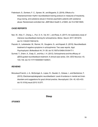 Fielenbach, S., Donkers, F. C., Spreen, M., and Bogaerts, S. (2018). Effects of a
theta/sensorimotor rhythm neurofeedback training protocol on measures of impulsivity,
drug craving, and substance abuse in forensic psychiatric patients with substance
abuse: Randomized controlled trial. ​JMIR Ment Health​ 5, e10845. doi:10.2196/10845.
CASE REPORTS
Nan, W., Wan, F., Chang, L., Pun, S. H., Vai, M. I., and Rosa, A. (2017). An exploratory study of
intensive neurofeedback training for schizophrenia. ​Behav. Neurol.​ 2017, 6914216.
doi:10.1155/2017/6914216.
Pazooki, K., Leibetseder, M., Renner, W., Gougleris, G., and Kapsali, E. (2019). Neurofeedback
treatment of negative symptoms in schizophrenia: Two case reports. ​Appl.
Psychophysiol. Biofeedback​ 44, 31–39. doi:10.1007/s10484-018-9417-1.
Surmeli, T., Ertem, A., Eralp, E., and Kos, I. H. (2012). Schizophrenia and the efficacy of
qEEG-guided neurofeedback treatment: A clinical case series. ​Clin. EEG Neurosci.​ 43,
133–144. doi:10.1177/1550059411429531.
REVIEWS
Micoulaud-Franchi, J. A., McGonigal, A., Lopez, R., Daudet, C., Kotwas, I., and Bartolomei, F.
(2015). Electroencephalographic neurofeedback: Level of evidence in mental and brain
disorders and suggestions for good clinical practice. ​Neurophysiol. Clin.​ 45, 423–433.
doi:10.1016/j.neucli.2015.10.077.
Sleep
STUDIES
59
 