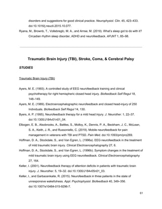 disorders and suggestions for good clinical practice. ​Neurophysiol. Clin.​ 45, 423–433.
doi:10.1016/j.neucli.2015.10.077.
Ryana, M., Brownb, T., Vollebregtc, M. A., and Arnse, M. (2019). What’s sleep got to do with it?
Circadian rhythm sleep disorder, ADHD and neurofeedback. ​APJNT​ 1, 85–98.
Traumatic Brain Injury (TBI), Stroke, Coma, & Cerebral Palsy
STUDIES
Traumatic Brain Injury (TBI)
Ayers, M. E. (1993). A controlled study of EEG neurofeedback training and clinical
psychotherapy for right hemispheric closed head injury. ​Biofeedback Self Regul​ 18,
148–149.
Ayers, M. E. (1989). Electroencephalographic neurofeedback and closed head-injury of 250
Individuals. ​Biofeedback Self Regul​ 14, 130.
Byers, A. P. (1995). Neurofeedback therapy for a mild head injury. ​J. Neurother.​ 1, 22–37.
doi:10.1300/J184v01n01_04.
Elbogen, E. B., Alsobrooks, A., Battles, S., Molloy, K., Dennis, P. A., Beckham, J. C., McLean,
S. A., Keith, J. R., and Russoniello, C. (2019). Mobile neurofeedback for pain
management in veterans with TBI and PTSD. ​Pain Med.​ doi:10.1093/pm/pnz269.
Hoffman, D. A., Stockdale, S., and Van Egren, L. (1996a). EEG neurofeedback in the treatment
of mild traumatic brain injury. ​Clinical Electroencephalography​ 27, 6.
Hoffman, D. A., Stockdale, S., and Van Egren, L. (1996b). Symptom changes in the treatment of
mild traumatic brain injury using EEG neurofeedback. ​Clinical Electroencephalography
27, 164.
Keller, I. (2001). Neurofeedback therapy of attention deficits in patients with traumatic brain
injury. ​J. Neurother.​ 5, 19–32. doi:10.1300/J184v05n01_03.
Keller, I., and Garbacenkaite, R. (2015). Neurofeedback in three patients in the state of
unresponsive wakefulness. ​Appl. Psychophysiol. Biofeedback​ 40, 349–356.
doi:10.1007/s10484-015-9296-7.
61
 
