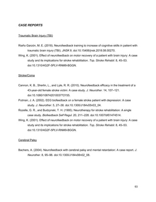 CASE REPORTS
Traumatic Brain Injury (TBI)
Riaño Garzón, M. E. (2018). Neurofeedback training to increase of cognitive skills in patient with
traumatic brain injury (TBI). ​JNSK​ 8. doi:10.15406/jnsk.2018.08.00270.
Wing, K. (2001). Effect of neurofeedback on motor recovery of a patient with brain injury: A case
study and its implications for stroke rehabilitation. ​Top. Stroke Rehabil.​ 8, 45–53.
doi:10.1310/4G2F-5PLV-RNM9-BGGN.
Stroke/Coma
Cannon, K. B., Sherlin, L., and Lyle, R. R. (2010). Neurofeedback efficacy in the treatment of a
43-year-old female stroke victim: A case study. ​J. Neurother.​ 14, 107–121.
doi:10.1080/10874201003772155.
Putman, J. A. (2002). EEG biofeedback on a female stroke patient with depression: A case
study. ​J. Neurother.​ 5, 27–38. doi:10.1300/J184v05n03_04.
Rozelle, G. R., and Budzynski, T. H. (1995). Neurotherapy for stroke rehabilitation: A single
case study. ​Biofeedback Self Regul.​ 20, 211–228. doi:10.1007/bf01474514.
Wing, K. (2001). Effect of neurofeedback on motor recovery of a patient with brain injury: A case
study and its implications for stroke rehabilitation. ​Top. Stroke Rehabil.​ 8, 45–53.
doi:10.1310/4G2F-5PLV-RNM9-BGGN.
Cerebral Palsy
Bachers, A. (2004). Neurofeedback with cerebral palsy and mental retardation: A case report. ​J.
Neurother.​ 8, 95–96. doi:10.1300/J184v08n02_08.
63
 