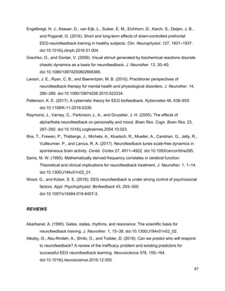 Engelbregt, H. J., Keeser, D., van Eijk, L., Suiker, E. M., Eichhorn, D., Karch, S., Deijen, J. B.,
and Pogarell, O. (2016). Short and long-term effects of sham-controlled prefrontal
EEG-neurofeedback training in healthy subjects. ​Clin. Neurophysiol.​ 127, 1931–1937.
doi:10.1016/j.clinph.2016.01.004.
Grechko, O., and Gontar, V. (2009). Visual stimuli generated by biochemical reactions discrete
chaotic dynamics as a basis for neurofeedback. ​J. Neurother.​ 13, 30–40.
doi:10.1080/10874200802668366.
Larson, J. E., Ryan, C. B., and Baerentzen, M. B. (2010). Practitioner perspectives of
neurofeedback therapy for mental health and physiological disorders. ​J. Neurother.​ 14,
280–290. doi:10.1080/10874208.2010.523334.
Patterson, K. E. (2017). A cybernetic theory for EEG biofeedback. ​Kybernetes​ 46, 638–655.
doi:10.1108/K-11-2016-0339.
Raymond, J., Varney, C., Parkinson, L. A., and Gruzelier, J. H. (2005). The effects of
alpha/theta neurofeedback on personality and mood. ​Brain Res. Cogn. Brain Res.​ 23,
287–292. doi:10.1016/j.cogbrainres.2004.10.023.
Ros, T., Frewen, P., Théberge, J., Michela, A., Kluetsch, R., Mueller, A., Candrian, G., Jetly, R.,
Vuilleumier, P., and Lanius, R. A. (2017). Neurofeedback tunes scale-free dynamics in
spontaneous brain activity. ​Cereb. Cortex​ 27, 4911–4922. doi:10.1093/cercor/bhw285.
Sams, M. W. (1995). Mathematically derived frequency correlates in cerebral function:
Theoretical and clinical implications for neurofeedback treatment. ​J. Neurother.​ 1, 1–14.
doi:10.1300/J184v01n02_01.
Wood, G., and Kober, S. E. (2018). EEG neurofeedback is under strong control of psychosocial
factors. ​Appl. Psychophysiol. Biofeedback​ 43, 293–300.
doi:10.1007/s10484-018-9407-3.
REVIEWS
Abarbanel, A. (1995). Gates, states, rhythms, and resonance: The scientific basis for
neurofeedback training. ​J. Neurother.​ 1, 15–38. doi:10.1300/J184v01n02_02.
Alkoby, O., Abu-Rmileh, A., Shriki, O., and Todder, D. (2018). Can we predict who will respond
to neurofeedback? A review of the inefficacy problem and existing predictors for
successful EEG neurofeedback learning. ​Neuroscience​ 378, 155–164.
doi:10.1016/j.neuroscience.2016.12.050.
67
 
