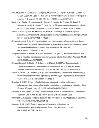 Arns, M., Batail, J. M., Bioulac, S., Congedo, M., Daudet, C., Drapier, D., Fovet, T., Jardri, R.,
Le-Van-Quyen, M., Lotte, F., et al. (2017). Neurofeedback: One of today’s techniques in
psychiatry? ​Encephale​ 43, 135–145. doi:10.1016/j.encep.2016.11.003.
Batail, J. M., Bioulac, S., Cabestaing, F., Daudet, C., Drapier, D., Fouillen, M., Fovet, T.,
Hakoun, A., Jardri, R., Jeunet, C., et al. (2019). EEG neurofeedback research: A fertile
ground for psychiatry? ​Encephale​ 45, 245–255. doi:10.1016/j.encep.2019.02.001.
Dessy, E., Van Puyvelde, M., Mairesse, O., Neyt, X., and Pattyn, N. (2017). Cognitive
performance enhancement: Do biofeedback and neurofeedback work? ​J. Cogn. Enhanc.
2, 1–31. doi:10.1007/s41465-017-0039-y.
Enriquez-Geppert, S. (2019). Neurofeedback from the perspective of neurosciences: Current
developments and trends [Neurofeedback aus der perspektive der neurowissenschaften:
Aktuelle entwicklungen und trends]. ​Psychotherapeut​ 64, 186–193.
doi:10.1007/s00278-019-0351-3.
Enriquez-Geppert, S., Huster, R. J., and Herrmann, C. S. (2017a). EEG-neurofeedback as a
tool to modulate cognition and behavior: A review tutorial. ​Front. Hum. Neurosci.​ 11, 51.
doi:10.3389/fnhum.2017.00051.
Enriquez-Geppert, S., Huster, R. J., Ros, T., and Wood, G. (2017b). “Neurofeedback,” in
Theory-Driven Approaches to Cognitive Enhancement​, ed. L. S. Colzato (Cham:
Springer International Publishing), 147–164. doi:10.1007/978-3-319-57505-6_11.
Fox, D. J., Tharp, D. F., and Fox, L. C. (2005). Neurofeedback: An alternative and efficacious
treatment for attention deficit hyperactivity disorder. ​Appl. Psychophysiol. Biofeedback
30, 365–373. doi:10.1007/s10484-005-8422-3.
Gruzelier, J. (2009). A theory of alpha/theta neurofeedback, creative performance
enhancement, long distance functional connectivity and psychological integration. ​Cogn.
Process.​ 10 Suppl 1, S101-9. doi:10.1007/s10339-008-0248-5.
Gruzelier, J., and Egner, T. (2005). Critical validation studies of neurofeedback. ​Child Adolesc.
Psychiatr. Clin. N. Am.​ 14, 83–104, vi. doi:10.1016/j.chc.2004.07.002.
Hammond, D. C. (2005). Temporal lobes and their importance in neurofeedback. ​J. Neurother.
9, 67–88. doi:10.1300/J184v09n01_08.
Hirshberg, L. M. (2007). Place of electroencephalograpic biofeedback for
attention-deficit/hyperactivity disorder. ​Expert Rev. Neurother.​ 7, 315–319.
doi:10.1586/14737175.7.4.315.
68
 