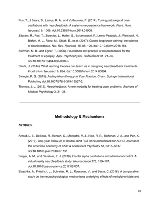 Ros, T., J Baars, B., Lanius, R. A., and Vuilleumier, P. (2014). Tuning pathological brain
oscillations with neurofeedback: A systems neuroscience framework. ​Front. Hum.
Neurosci.​ 8, 1008. doi:10.3389/fnhum.2014.01008.
Sitaram, R., Ros, T., Stoeckel, L., Haller, S., Scharnowski, F., Lewis-Peacock, J., Weiskopf, N.,
Blefari, M. L., Rana, M., Oblak, E., et al. (2017). Closed-loop brain training: the science
of neurofeedback. ​Nat. Rev. Neurosci.​ 18, 86–100. doi:10.1038/nrn.2016.164.
Sterman, M. B., and Egner, T. (2006). Foundation and practice of neurofeedback for the
treatment of epilepsy. ​Appl. Psychophysiol. Biofeedback​ 31, 21–35.
doi:10.1007/s10484-006-9002-x.
Strehl, U. (2014). What learning theories can teach us in designing neurofeedback treatments.
Front. Hum. Neurosci.​ 8, 894. doi:10.3389/fnhum.2014.00894.
Swingle, P. G. (2015). ​Adding Neurotherapy to Your Practice​. Cham: Springer International
Publishing doi:10.1007/978-3-319-15527-2.
Thomas, J. L. (2012). Neurofeedback: A new modality for treating brain problems. ​Archives of
Medical Psychology​ 3, 21–35.
Methodology & Mechanisms
STUDIES
Arnold, L. E., DeBeus, R., Kerson, C., Monastra, V. J., Rice, R. R., Barterian, J. A., and Pan, X.
(2019). One-year follow-up of double-blind RCT of neurofeedback for ADHD. ​Journal of
the American Academy of Child & Adolescent Psychiatry​ 58, S316–S317.
doi:10.1016/j.jaac.2019.07.733.
Berger, A. M., and Davelaar, E. J. (2018). Frontal alpha oscillations and attentional control: A
virtual reality neurofeedback study. ​Neuroscience​ 378, 189–197.
doi:10.1016/j.neuroscience.2017.06.007.
Bluschke, A., Friedrich, J., Schreiter, M. L., Roessner, V., and Beste, C. (2018). A comparative
study on the neurophysiological mechanisms underlying effects of methylphenidate and
70
 