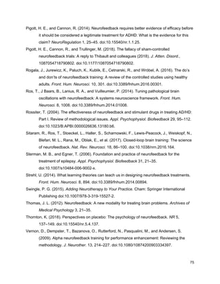 Pigott, H. E., and Cannon, R. (2014). Neurofeedback requires better evidence of efficacy before
it should be considered a legitimate treatment for ADHD: What is the evidence for this
claim? ​NeuroRegulation​ 1, 25–45. doi:10.15540/nr.1.1.25.
Pigott, H. E., Cannon, R., and Trullinger, M. (2018). The fallacy of sham-controlled
neurofeedback trials: A reply to Thibault and colleagues (2018). ​J. Atten. Disord.​,
1087054718790802. doi:10.1177/1087054718790802.
Rogala, J., Jurewicz, K., Paluch, K., Kublik, E., Cetnarski, R., and Wróbel, A. (2016). The do’s
and don’ts of neurofeedback training: A review of the controlled studies using healthy
adults. ​Front. Hum. Neurosci.​ 10, 301. doi:10.3389/fnhum.2016.00301.
Ros, T., J Baars, B., Lanius, R. A., and Vuilleumier, P. (2014). Tuning pathological brain
oscillations with neurofeedback: A systems neuroscience framework. ​Front. Hum.
Neurosci.​ 8, 1008. doi:10.3389/fnhum.2014.01008.
Rossiter, T. (2004). The effectiveness of neurofeedback and stimulant drugs in treating AD/HD:
Part I. Review of methodological issues. ​Appl. Psychophysiol. Biofeedback​ 29, 95–112.
doi:10.1023/B:APBI.0000026636.13180.b6.
Sitaram, R., Ros, T., Stoeckel, L., Haller, S., Scharnowski, F., Lewis-Peacock, J., Weiskopf, N.,
Blefari, M. L., Rana, M., Oblak, E., et al. (2017). Closed-loop brain training: The science
of neurofeedback. ​Nat. Rev. Neurosci.​ 18, 86–100. doi:10.1038/nrn.2016.164.
Sterman, M. B., and Egner, T. (2006). Foundation and practice of neurofeedback for the
treatment of epilepsy. ​Appl. Psychophysiol. Biofeedback​ 31, 21–35.
doi:10.1007/s10484-006-9002-x.
Strehl, U. (2014). What learning theories can teach us in designing neurofeedback treatments.
Front. Hum. Neurosci.​ 8, 894. doi:10.3389/fnhum.2014.00894.
Swingle, P. G. (2015). ​Adding Neurotherapy to Your Practice​. Cham: Springer International
Publishing doi:10.1007/978-3-319-15527-2.
Thomas, J. L. (2012). Neurofeedback: A new modality for treating brain problems. ​Archives of
Medical Psychology​ 3, 21–35.
Thornton, K. (2018). Perspectives on placebo: The psychology of neurofeedback. ​NR​ 5,
137–149. doi:10.15540/nr.5.4.137.
Vernon, D., Dempster, T., Bazanova, O., Rutterford, N., Pasqualini, M., and Andersen, S.
(2009). Alpha neurofeedback training for performance enhancement: Reviewing the
methodology. ​J. Neurother.​ 13, 214–227. doi:10.1080/10874200903334397.
75
 