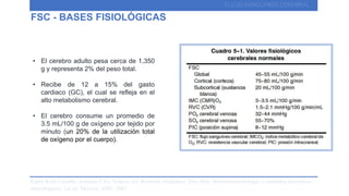 FSC - BASES FISIOLÓGICAS
• El cerebro adulto pesa cerca de 1,350
g y representa 2% del peso total.
• Recibe de 12 a 15% del gasto
cardiaco (GC), el cual se refleja en el
alto metabolismo cerebral.
• El cerebro consume un promedio de
3.5 mL/100 g de oxígeno por tejido por
minuto (un 20% de la utilización total
de oxígeno por el cuerpo).
FLUJO SANGUINEO CEREBRAL
Esper Raúl Carrillo, Antonio CAJ, Velasco AJ, Rentería Alejandro, Toro MA. Neuroanestesiología y cuidados intensivos
neurológicos. 1st ed. México: Alfil; 2007.
 