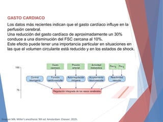 GASTO CARDIACO
Los datos más recientes indican que el gasto cardíaco influye en la
perfusión cerebral.
Una reducción del gasto cardíaco de aproximadamente un 30%
conduce a una disminución del FSC cercana al 10%.
Este efecto puede tener una importancia particular en situaciones en
las que el volumen circulante está reducido y en los estados de shock.
Gropper MA. Miller’s anesthesia. 9th ed. Amsterdam: Elsevier; 2019.
 