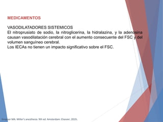 MEDICAMENTOS
VASODILATADORES SISTEMICOS
El nitroprusiato de sodio, la nitroglicerina, la hidralazina, y la adenosina
causan vasodilatación cerebral con el aumento consecuente del FSC y del
volumen sanguíneo cerebral.
Los IECAs no tienen un impacto significativo sobre el FSC.
Gropper MA. Miller’s anesthesia. 9th ed. Amsterdam: Elsevier; 2019.
 