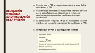 REGULACIÓN
MIOGÉNICA -
AUTORREGULACIÓN
DE LA PRESIÓN
■ Permite que el FSC se mantenga constante a pesar de los
cambios en la PPC.
■ Característica intrínseca del músculo liso arteriolar cerebral
por la que reflejos miogénicos alteran la resistencia
cerebrovascular secundaria a cambios en la presión
intraluminal.
■ La contracción o relajación refleja del músculo liso vascular
mantiene un constante en presencia de cambios en la PPC.
■ Factores que afectan la autorregulación cerebral:
 