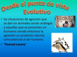 • las situaciones de agresión que
se dan en animales serían análogas
a aquellas que se presentan en
humanos siendo entonces la
agresión un producto natural,
consustancial al ser humano.
• “Konrad Lorenz”
 