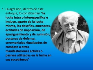 • La agresión, dentro de este
enfoque, lo constituirían "la
lucha intra o interespecífica e
incluye, aparte de la lucha
misma, los desafíos, amenazas,
actitudes de imposición, de
apaciguamiento y de sumisión,
posturas de defensa,
ceremoniales ritualizados de
combate u otras
manifestaciones activas o
pasivas utilizadas en la lucha en
sus sucedáneos"
 