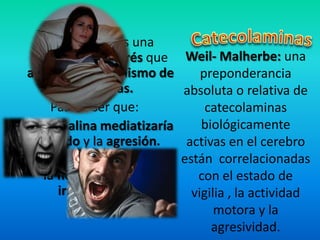 La agresión es una
categoría de estrés que
altera el metabolismo de
las aminas.
Parece ser que:
•la adrenalina mediatizaría
el miedo y la agresión.
• la noradrenalina la
irritabilidad.
Weil- Malherbe: una
preponderancia
absoluta o relativa de
catecolaminas
biológicamente
activas en el cerebro
están correlacionadas
con el estado de
vigilia , la actividad
motora y la
agresividad.
 