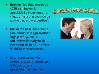 • Lischner “los altos niveles de
ACTH disminuyen la
agresividad e incrementan el
miedo ante la presencia de un
estímulo nuevo o específico”.
• Persky: “la ACTH funcionaría
para disminuir la agresividad a
largo plazo, ya que la
administración exógena de
esta sustancia tiene un efecto
SOBRE la corticoesterona .
• La corticoesterona y la
cortisona, estarían asociadas a
la fisiología de la
agresión(aumentandola)
 