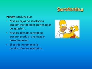 Persky concluye que:
• Niveles bajos de serotonina
pueden incrementar ciertos tipos
de agresión .
• Niveles altos de serotonina
pueden producir ansiedad y
desorientación.
• El estrés incrementa la
producción de serotonina.
 