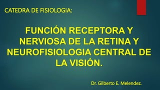 FUNCIÓN RECEPTORA Y
NERVIOSA DE LA RETINA Y
NEUROFISIOLOGIA CENTRAL DE
LA VISIÓN.
CATEDRA DE FISIOLOGIA:
Dr. Gilberto E. Melendez.
 