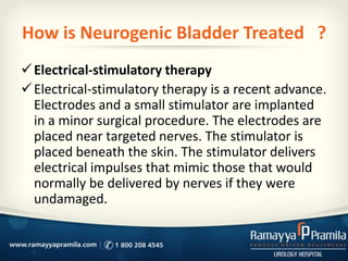 How is Neurogenic Bladder Treated ?
Electrical-stimulatory therapy
Electrical-stimulatory therapy is a recent advance.
Electrodes and a small stimulator are implanted
in a minor surgical procedure. The electrodes are
placed near targeted nerves. The stimulator is
placed beneath the skin. The stimulator delivers
electrical impulses that mimic those that would
normally be delivered by nerves if they were
undamaged.
 