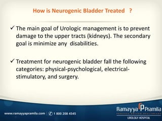 How is Neurogenic Bladder Treated ?
 The main goal of Urologic management is to prevent
damage to the upper tracts (kidneys). The secondary
goal is minimize any disabilities.
 Treatment for neurogenic bladder fall the following
categories: physical-psychological, electrical-
stimulatory, and surgery.
 