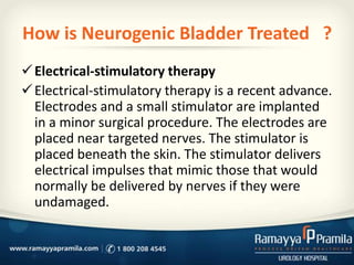 How is Neurogenic Bladder Treated ?
Electrical-stimulatory therapy
Electrical-stimulatory therapy is a recent advance.
E...