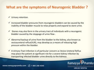 What are the symptoms of Neurogenic Bladder ?
 Urinary retention.
 Increased bladder pressures from neurogenic bladders ...