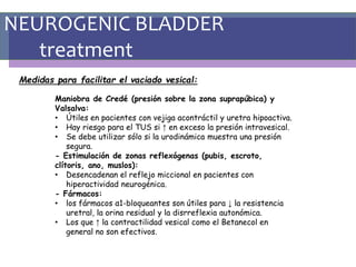NEUROGENIC BLADDER
treatment
Medidas para facilitar el vaciado vesical:
Maniobra de Credé (presión sobre la zona suprapúbica) y
Valsalva:
• Útiles en pacientes con vejiga acontráctil y uretra hipoactiva.
• Hay riesgo para el TUS si ↑ en exceso la presión intravesical.
• Se debe utilizar sólo si la urodinámica muestra una presión
segura.
- Estimulación de zonas reflexógenas (pubis, escroto,
clítoris, ano, muslos):
• Desencadenan el reflejo miccional en pacientes con
hiperactividad neurogénica.
- Fármacos:
• los fármacos α1-bloqueantes son útiles para ↓ la resistencia
uretral, la orina residual y la disrreflexia autonómica.
• Los que ↑ la contractilidad vesical como el Betanecol en
general no son efectivos.
 