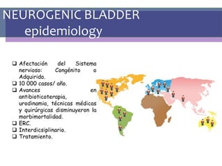 NEUROGENIC BLADDER
epidemiology
 Afectación del Sistema
nervioso: Congénito o
Adquirido.
 10 000 casos/ año.
 Avances en
antibioticoterapia,
urodinamia, técnicas médicas
y quirúrgicas disminuyeron la
morbimortalidad.
 ERC.
 Interdicsiplinario.
 Tratamiento.
 