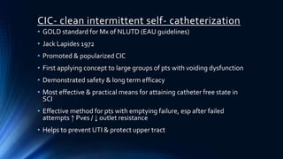 CIC- clean intermittent self- catheterization
• GOLD standard for Mx of NLUTD (EAU guidelines)
• Jack Lapides 1972
• Promoted & popularized CIC
• First applying concept to large groups of pts with voiding dysfunction
• Demonstrated safety & long term efficacy
• Most effective & practical means for attaining catheter free state in
SCI
• Effective method for pts with emptying failure, esp after failed
attempts ↑ Pves / ↓ outlet resistance
• Helps to prevent UTI & protect upper tract
 