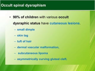 • 90% of children with various occult
dysraphic status have cutaneous lesions.
– small dimple
– skin tag
– tuft of hair
– dermal vascular malformation,
– subcutaneous lipoma
– asymmetrically curving gluteal cleft.
Occult spinal dysraphism
 