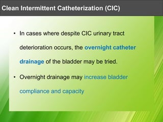 • In cases where despite CIC urinary tract
deterioration occurs, the overnight catheter
drainage of the bladder may be tried.
• Overnight drainage may increase bladder
compliance and capacity
Clean Intermittent Catheterization (CIC)
 