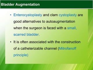 Bladder Augmentation
• Enterocystoplasty and clam cystoplasty are
good alternatives to autoaugmentation
when the surgeon is faced with a small,
scarred bladder.
• It is often associated with the construction
of a catheterizable channel (Mitrofanoff
principle)
Bladder Augmentation
 