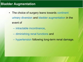 Bladder Augmentation
• The choice of surgery leans towards continent
urinary diversion and bladder augmentation in the
event of
– intractable incontinence,
– diminishing renal functions and
– hypertension following long-term renal damage.
Bladder Augmentation
 